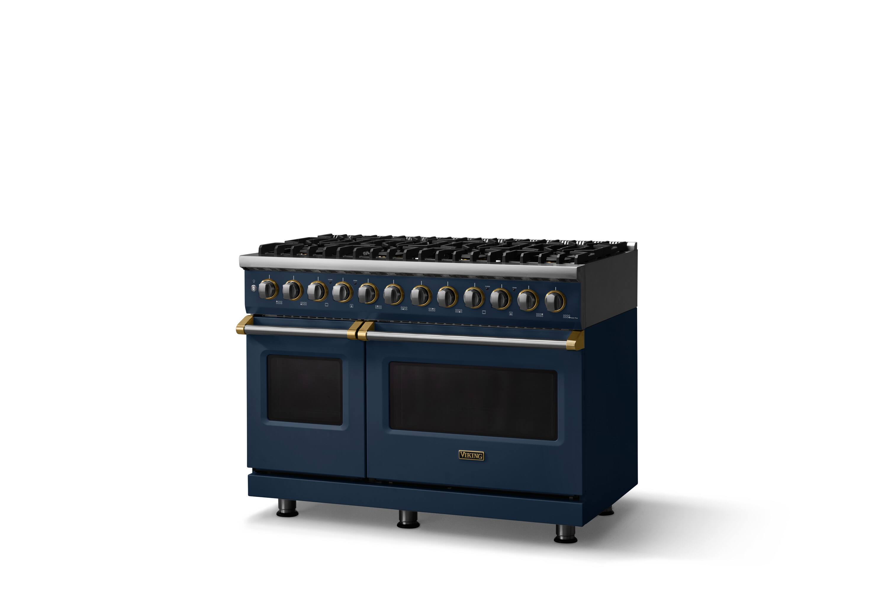 Angle. Viking - Pro 5 Series 7.3Cu. Ft. Freestanding Sealed 8 Burner DF Convection Range/Griddle - Slate Blue w. Brushed Brass Trim - Slate Blue.