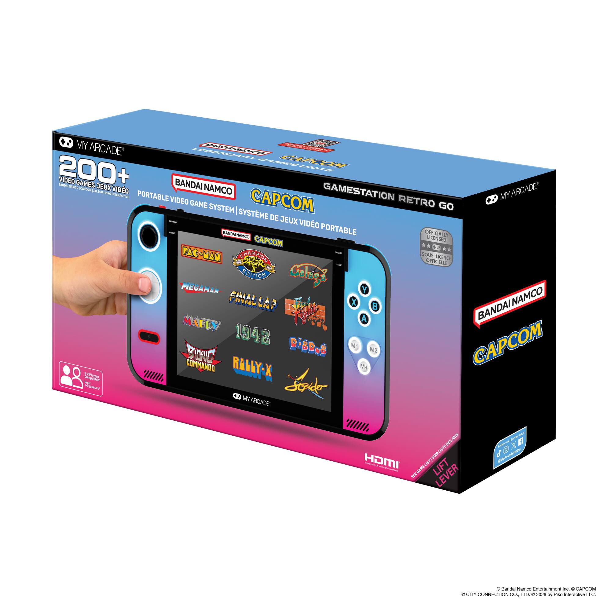 MY ARCADE  
200+ VIDEO GAMES JEUX VIDEO  
PORTABLE VIDEO GAME SYSTEM | SYSTÈME DE JEUX VIDÉO PORTABLE  
BANDAI NAMCO  
CAPCOM  
GAMESTATION RETRO GO  
OFFICIELLEMENT SOUS LICENCE OFFICIELLE  
PAC-MAN  
CAPCOM  
M1942  
COMMANDO  
RALLY-X  
HOMI  
LIFT LEVER  
CITY CONNECTION CO., LTD. © 2020 by Pixel Interactive, LLC.  
© Bandai Namco Entertainment Inc. © CAPCOM - E10+ (Everyone 10+)