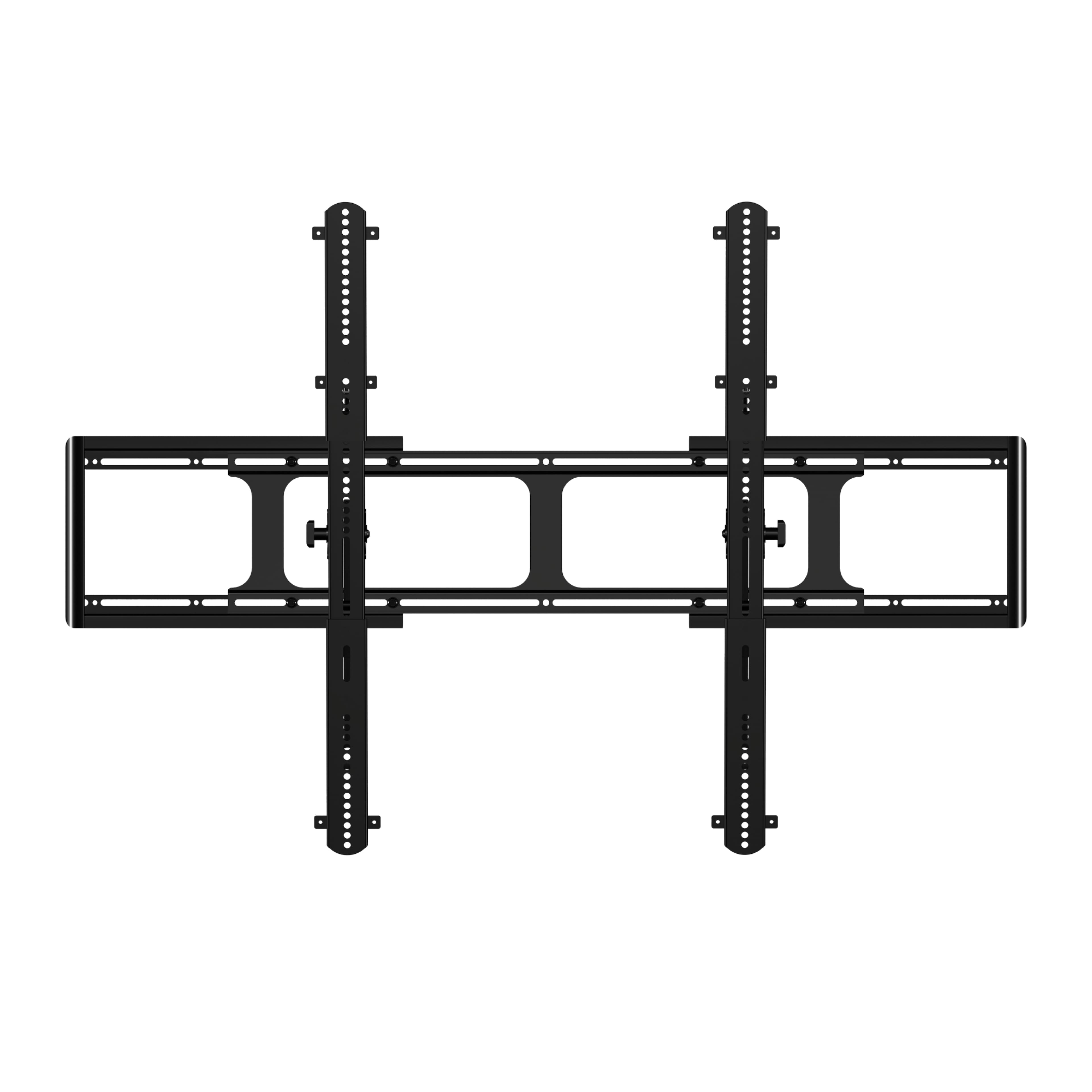 The image shows a black television stand with two brackets, one on the left and one on the right. The brackets are designed to hold a flat screen TV securely in place. The stand is made of metal and has a sleek, modern appearance. The brackets are positioned at an angle, providing stability and support for the TV. The stand is suitable for a variety of TV sizes and can be easily assembled for use.