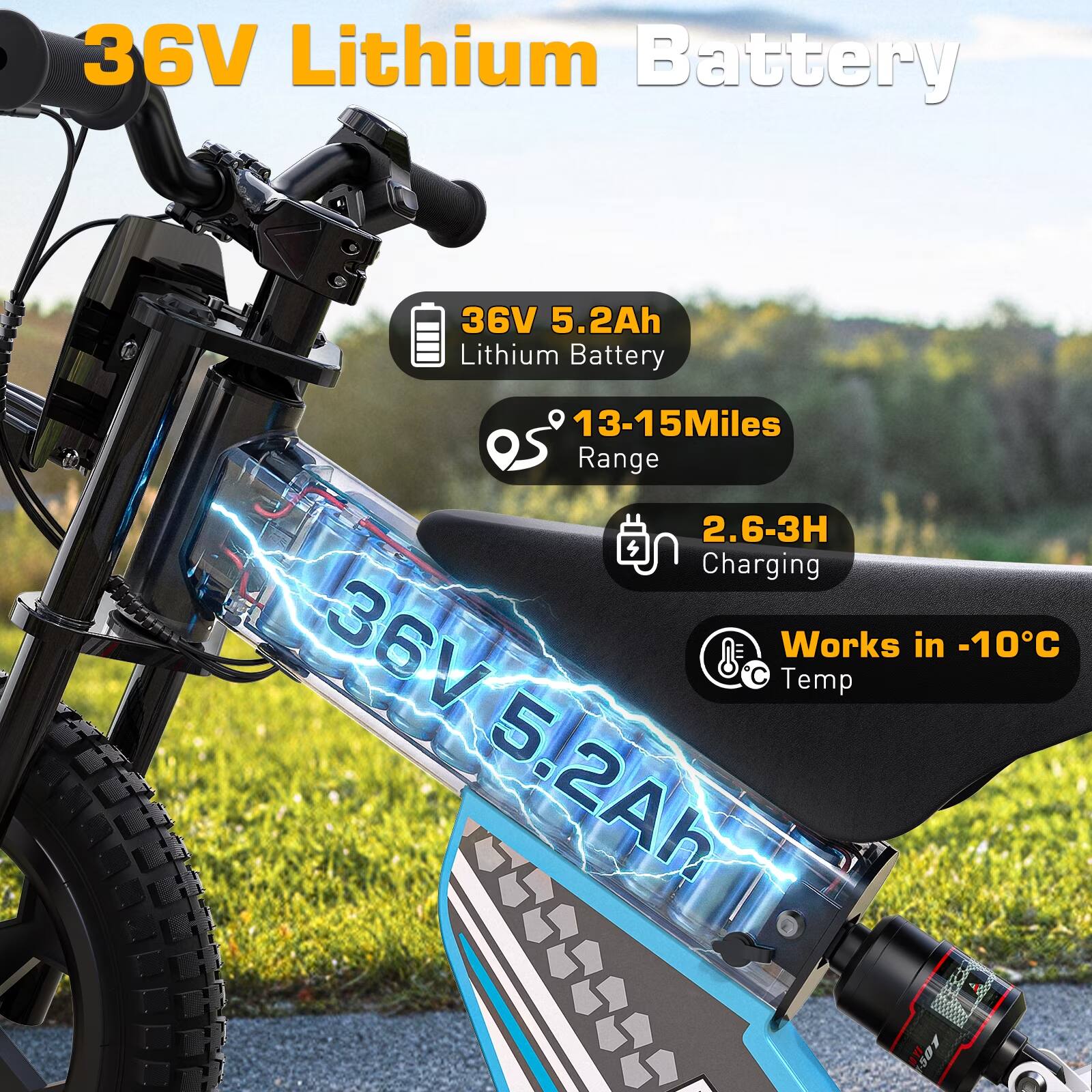 36V Lithium Battery  
36V 5.2Ah Lithium Battery  
13-15Miles Range  
2.6-3H Charging  
36V Works Temp in -10°C