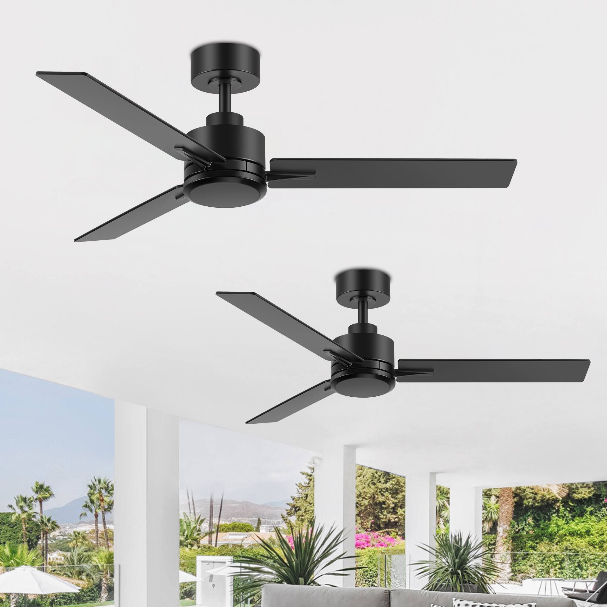 Alt View 1. Breezary - 48-Inch Indoor Ceiling Fan with Remote, 3 Plywood Blades, 6-Speed DC Motor, 5'' Downrod, LED/No Light, Single or 2-Pack - Black-2 Pack (Without Light).