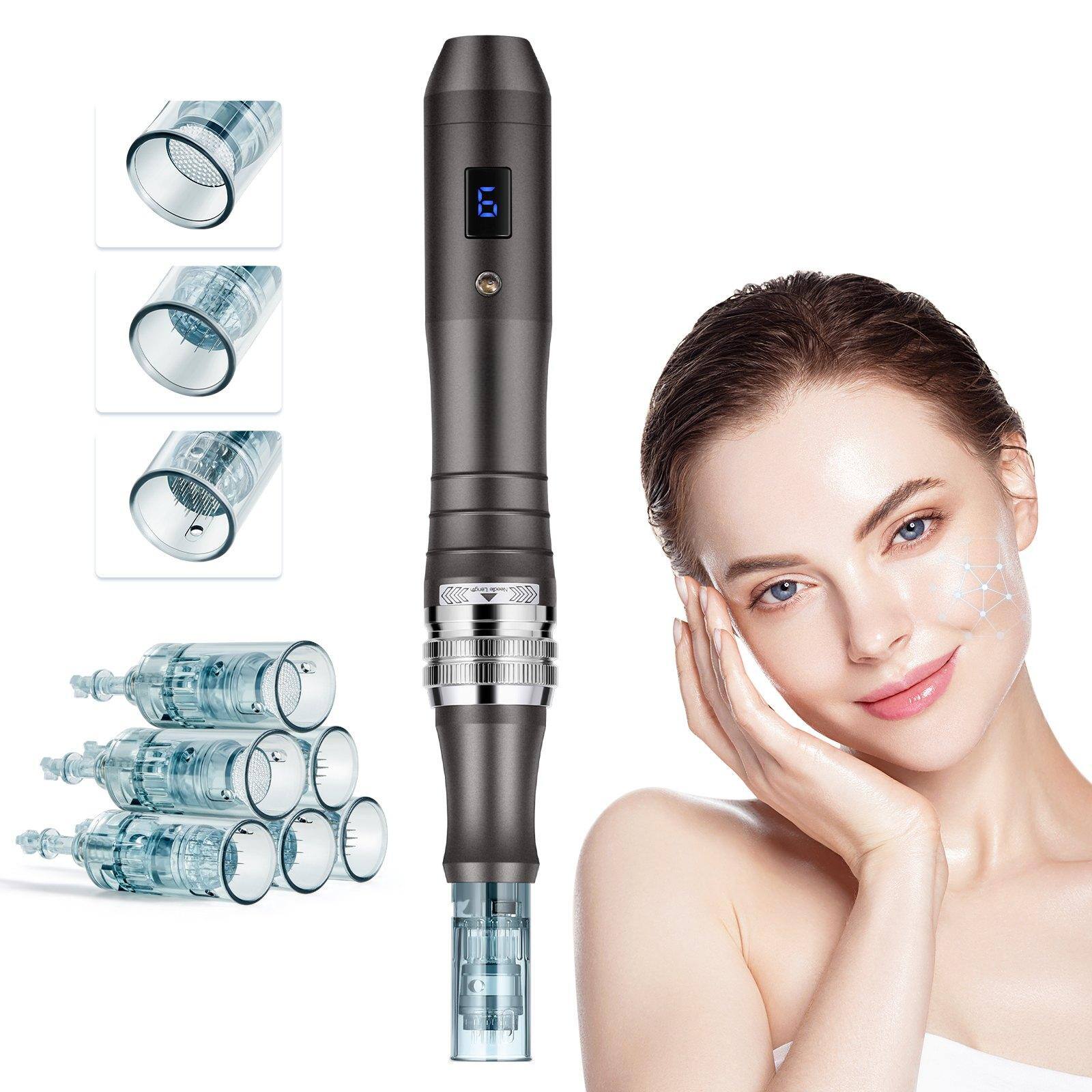 Front. Glintex - Professional Microneedling Pen, Electric Derma Pen w/ 6 Cartridges, LCD, 6 Variable Speeds, Adjustable 0–2.5mm Needle.