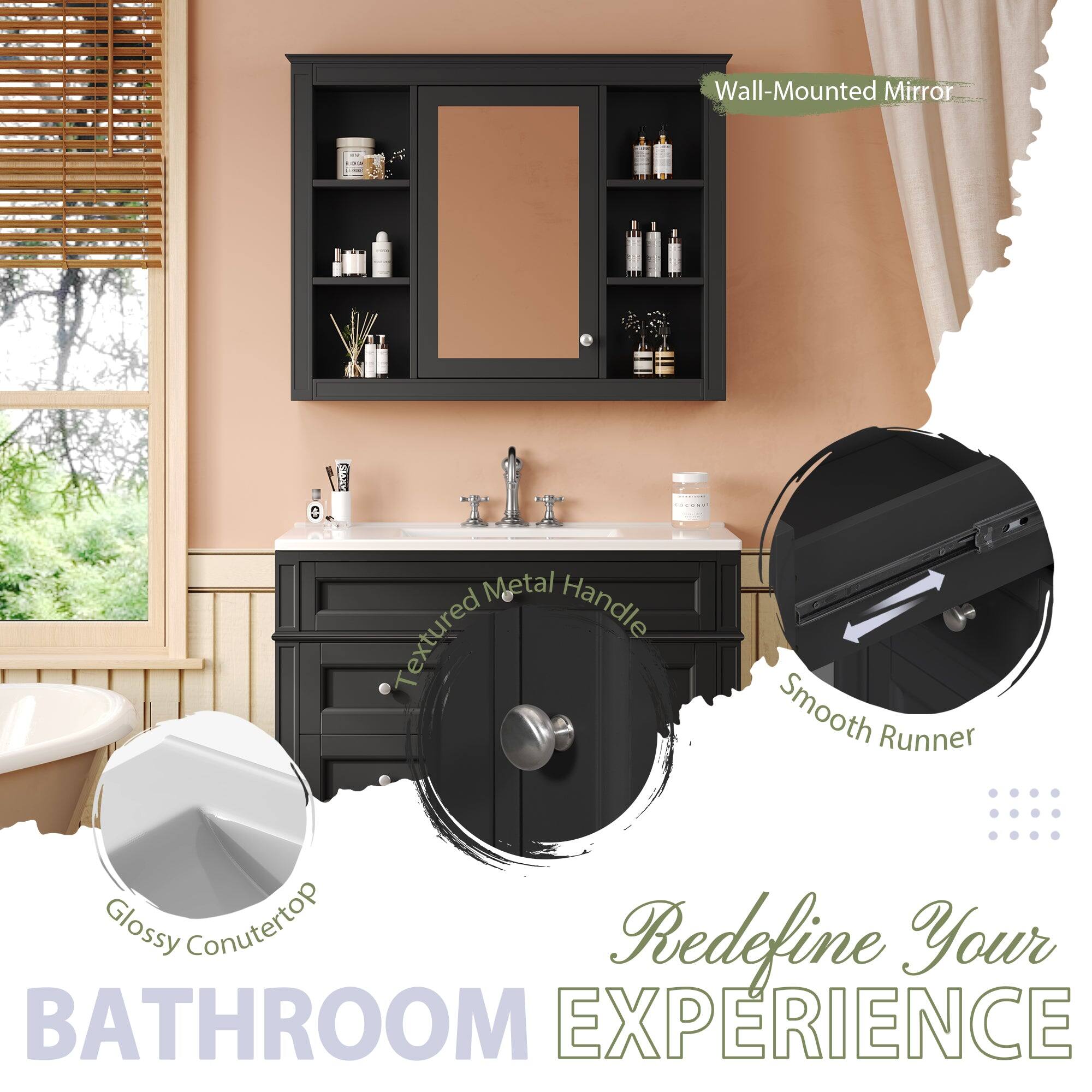 Wall-Mounted Mirror  
Metal Handle  
Textured Smooth Runner  
Glossy Countertop  
Redefine Your BATHROOM EXPERIENCE