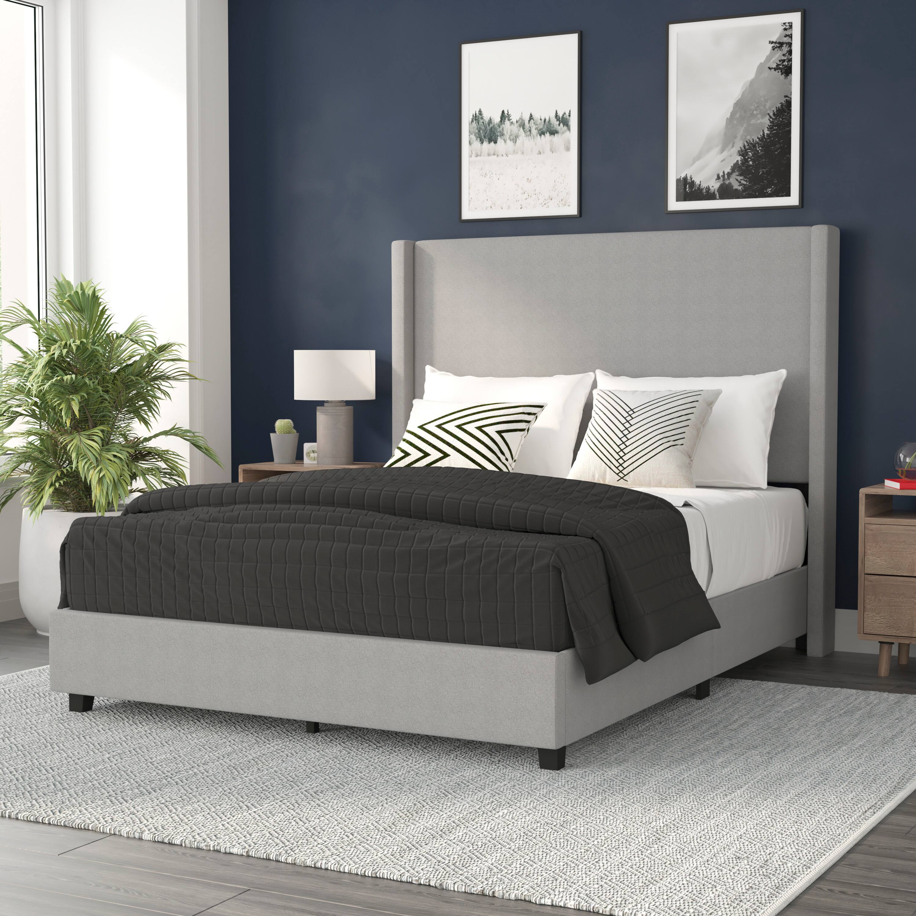 Angle. Flash Furniture - Quinn Queen Upholstered Platform Bed with Channel Stitched Wingback Headboard, Mattress Foundation with Slatted Supports - Gray.