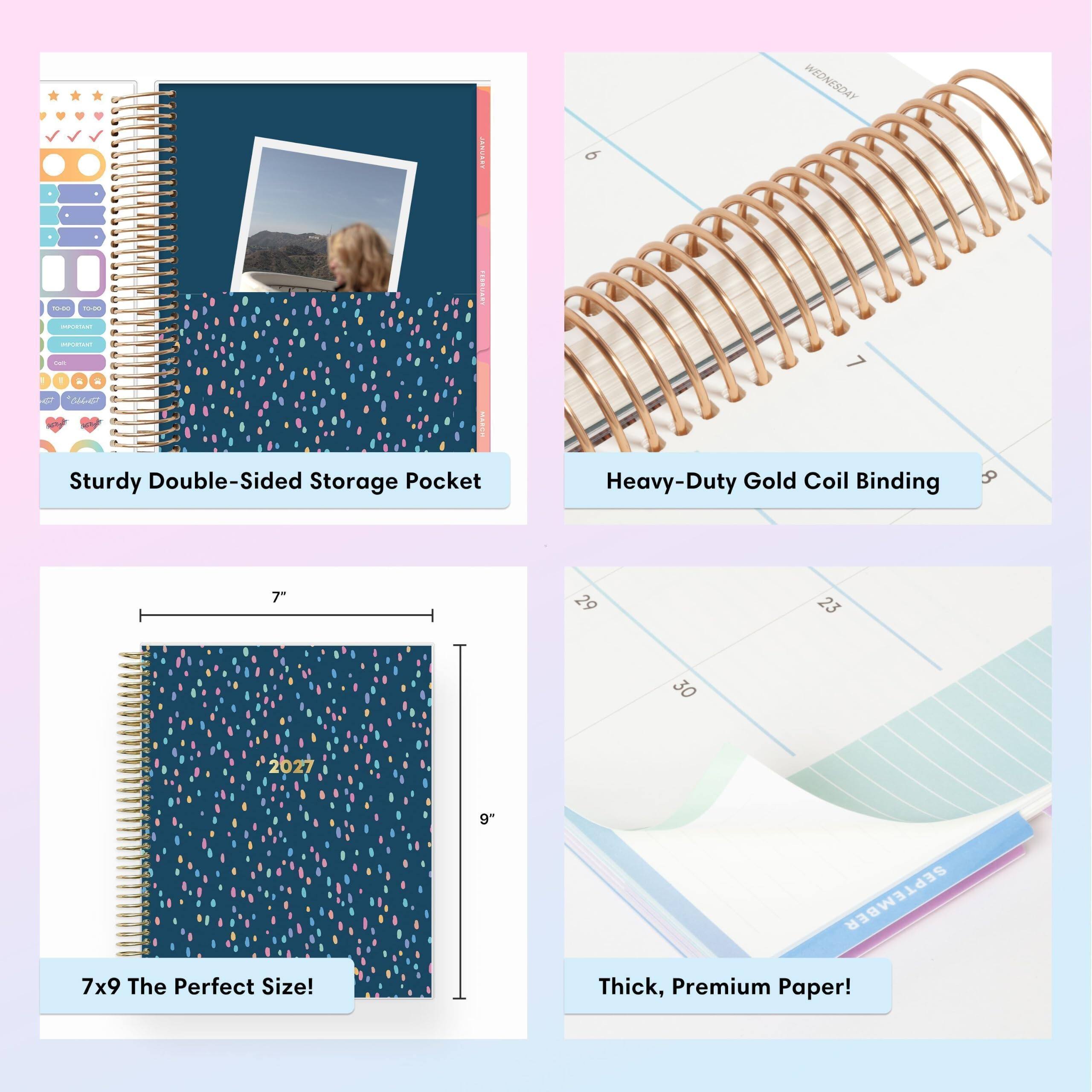 U  
WEDNESDAY  
TO-DO TO-DID IMPORTANT  
FEBRUARY  
can 0000 ! 6 we MARCH  
Sturdy Double-Sided Storage Pocket  
Heavy-Duty Gold Coil Binding  
7"  
29  
23  
30  
2027  
7x9 The Perfect Size!  
9"  
SEPTEMBER  
Thick, Premium Paper!