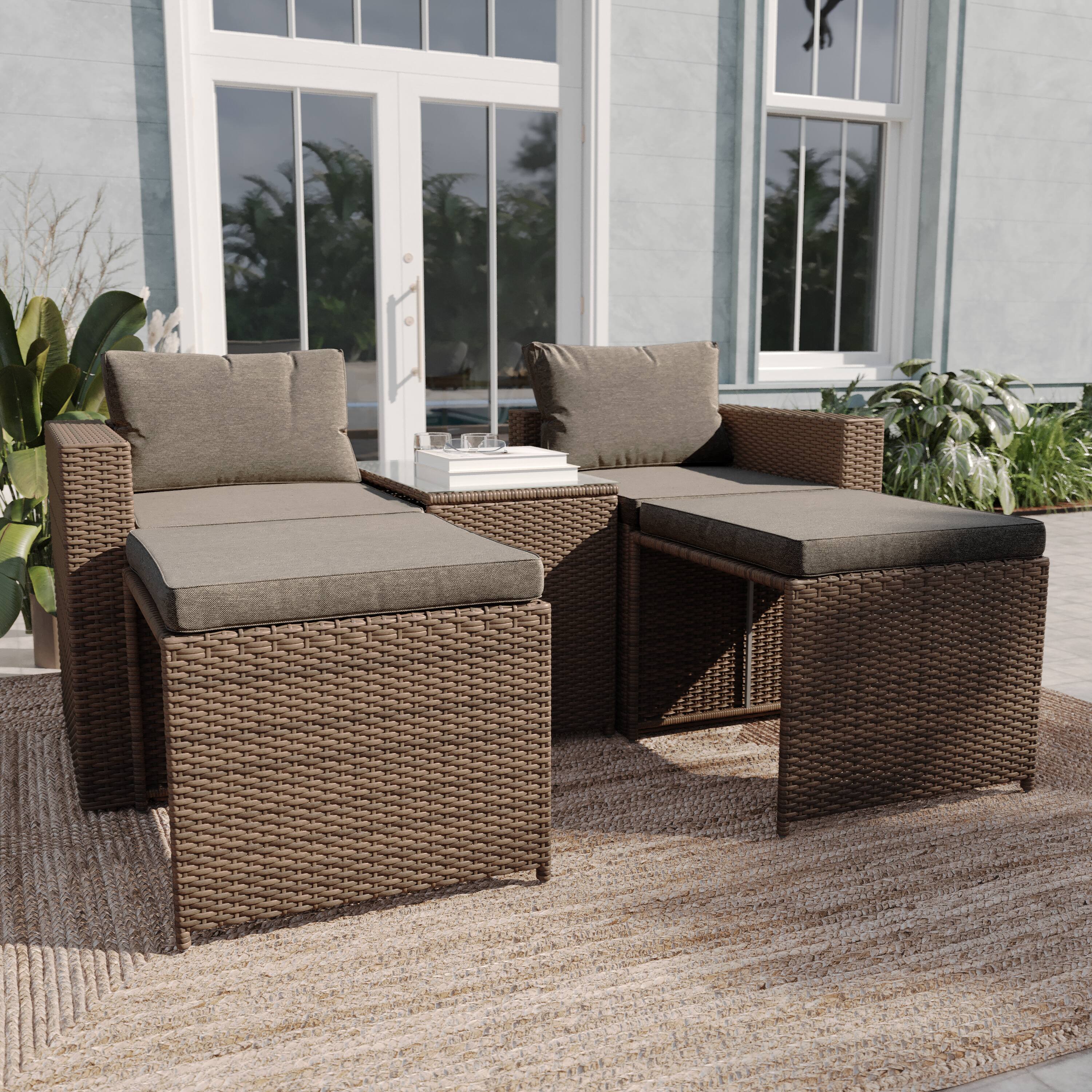 Alt View 3. Emma + Oliver - Anela Indoor/Outdoor Modular Loveseat Sofa Set with Ottomans and Glass-Top Table - Gray Fabric/Natural Frame.