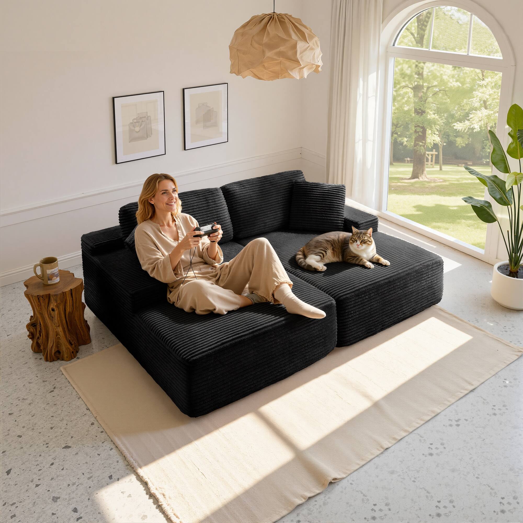 Alt View 5. Meqiodas - Oversized Double Lounge Chaise,Cloud Plush Sofa Bed,Modern Corduroy Upholstered Boneless Cloud Sofa Deep Seat - Black.