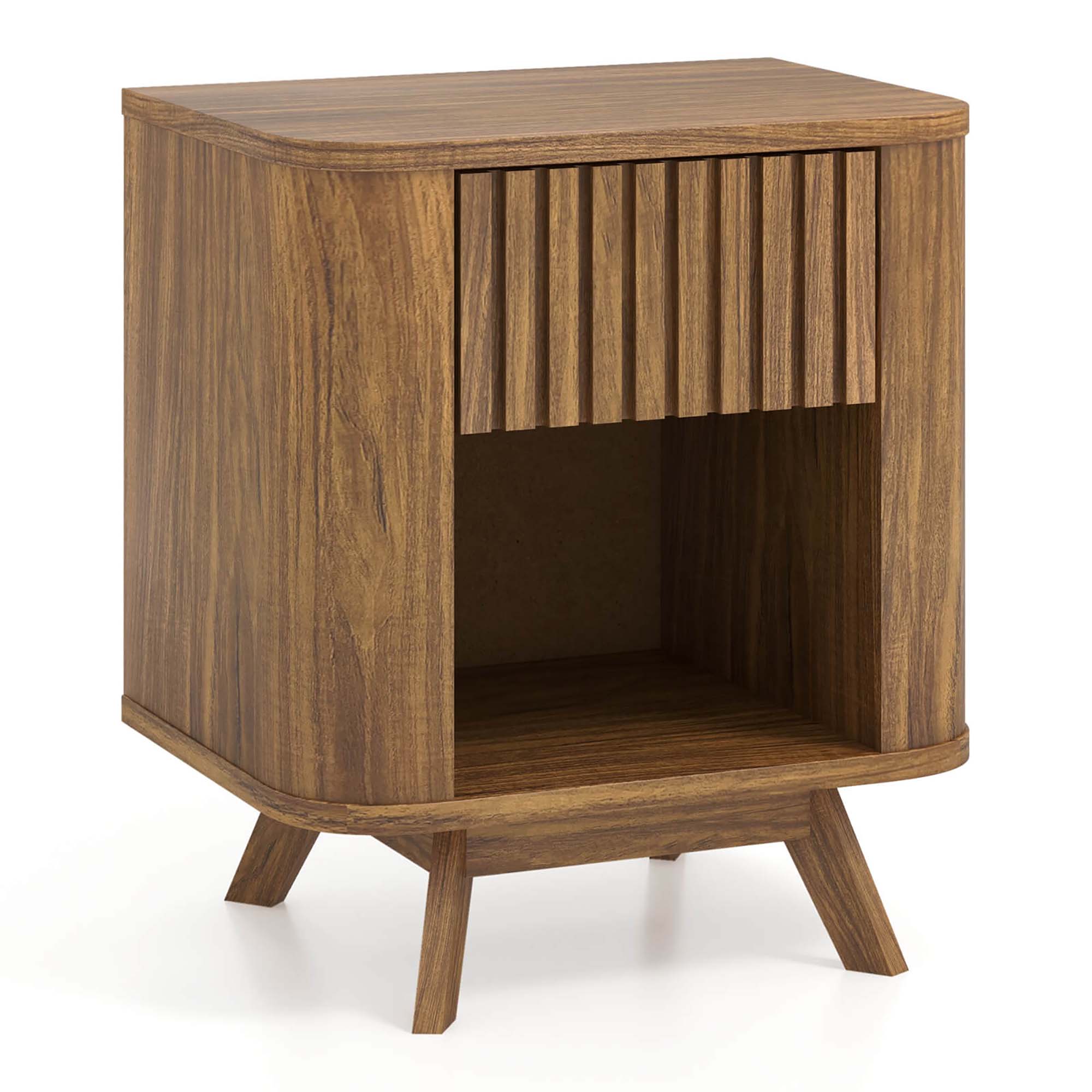 Angle. Costway - Costway 1 PCS Wood Nightstand with Drawer & Open Shelf Storage Home Bedside Table for Bedroom - Walnut.