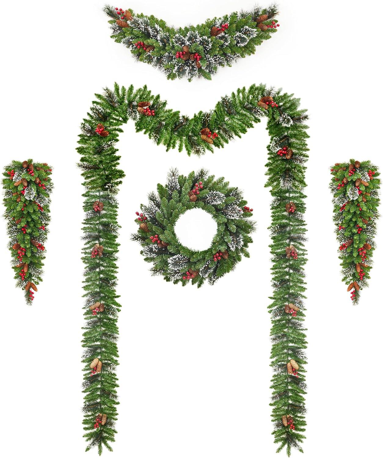 Front. Qeetex - 6 FT 6set Christmas Wreath and Garland PreLit LED Artificial Christmas Décor with  Xmas Wreath Garlands - Green.