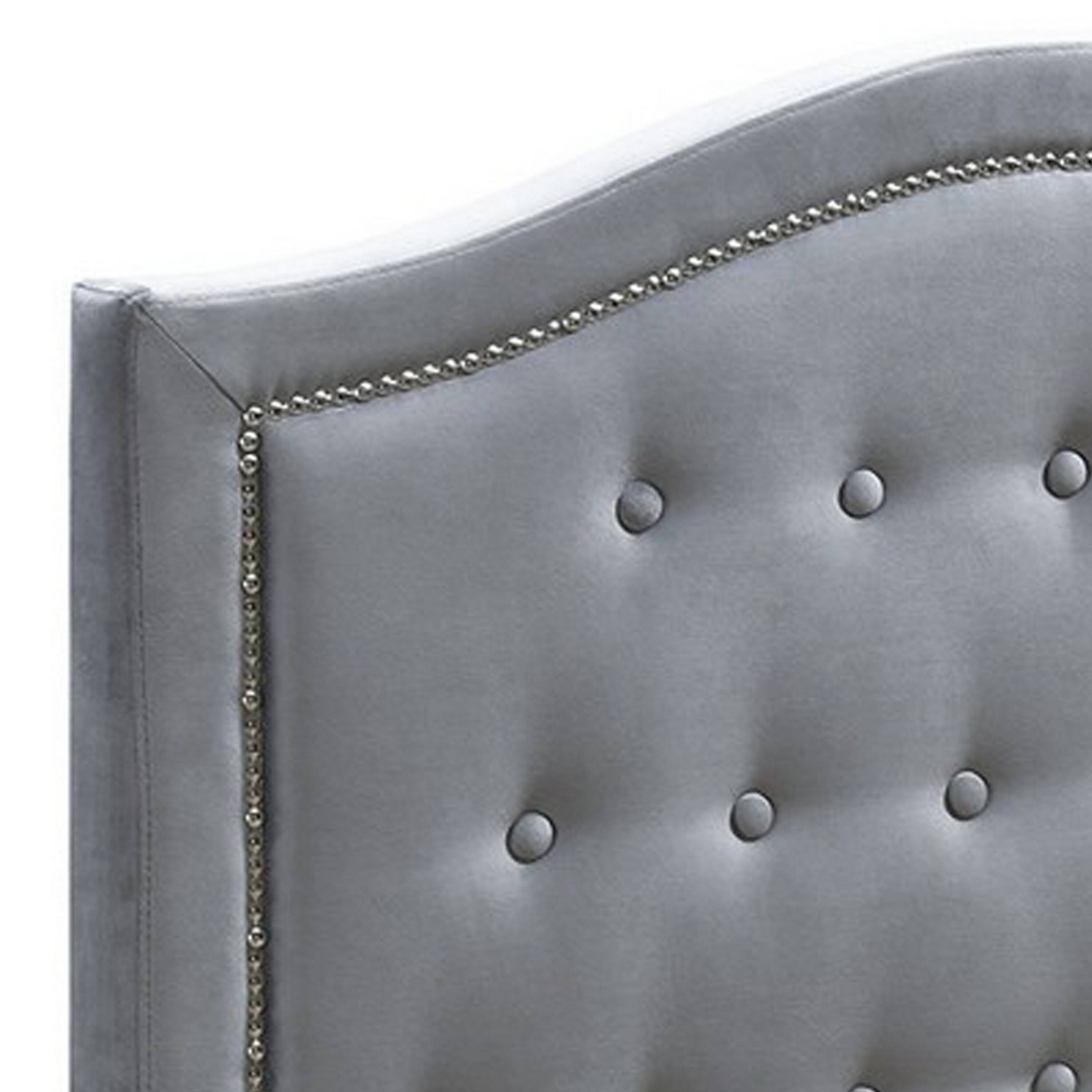 Alt View 3. Manhattan Lane - Button Tufted Twin Velvet Bed with Curved Headboard - Gray.