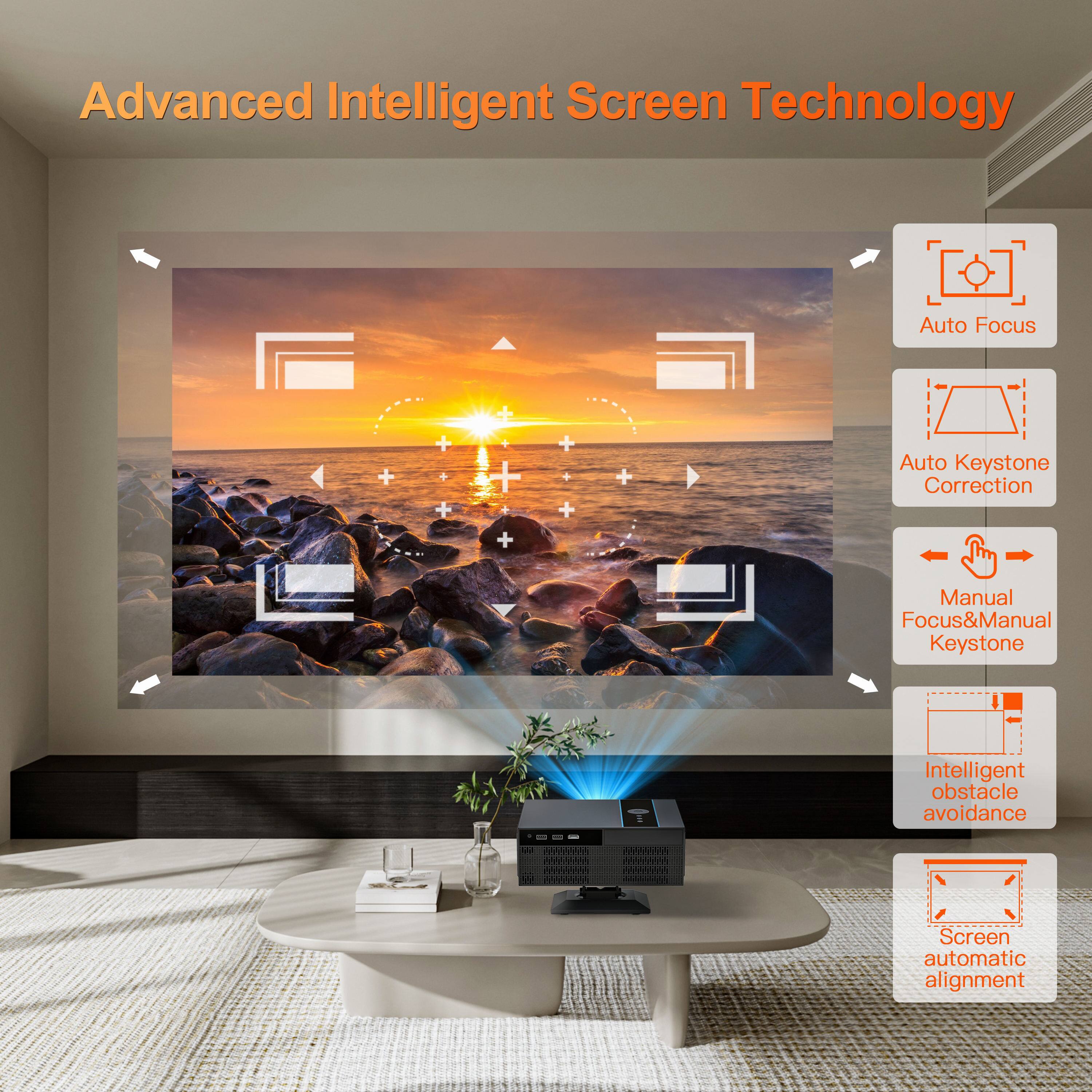 Advanced Intelligent Screen Technology

- Auto Focus
- Auto Keystone Correction
- Manual Focus & Manual Keystone
- Intelligent Obstacle Avoidance
- Screen Automatic Alignment
