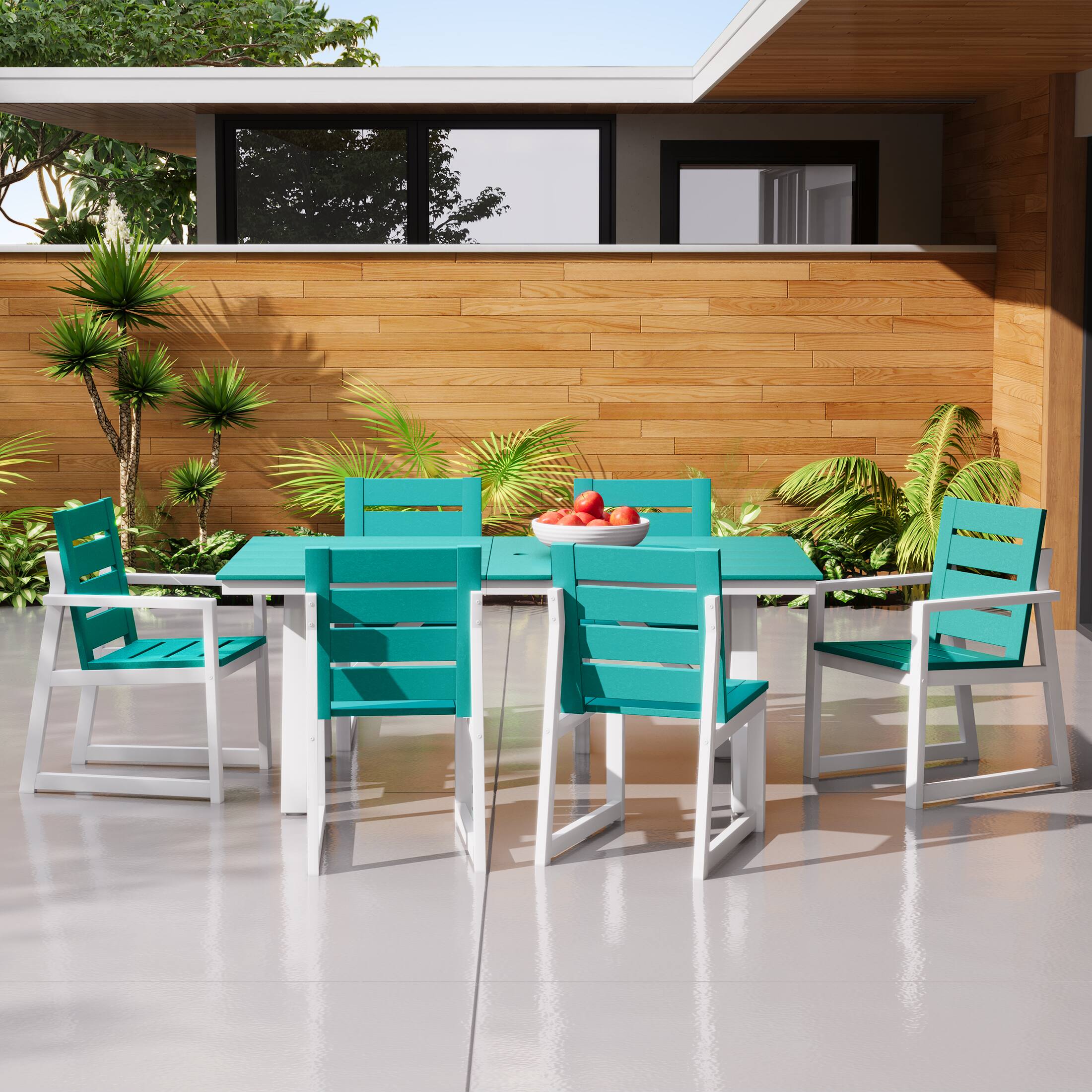 Angle. WestinTrends - WestinTrends Cape May 7-Piece HDPE Outdoor Furniture Patio Dining Table With Umbrella Hole and Chairs Set For 6 - Turquoise.