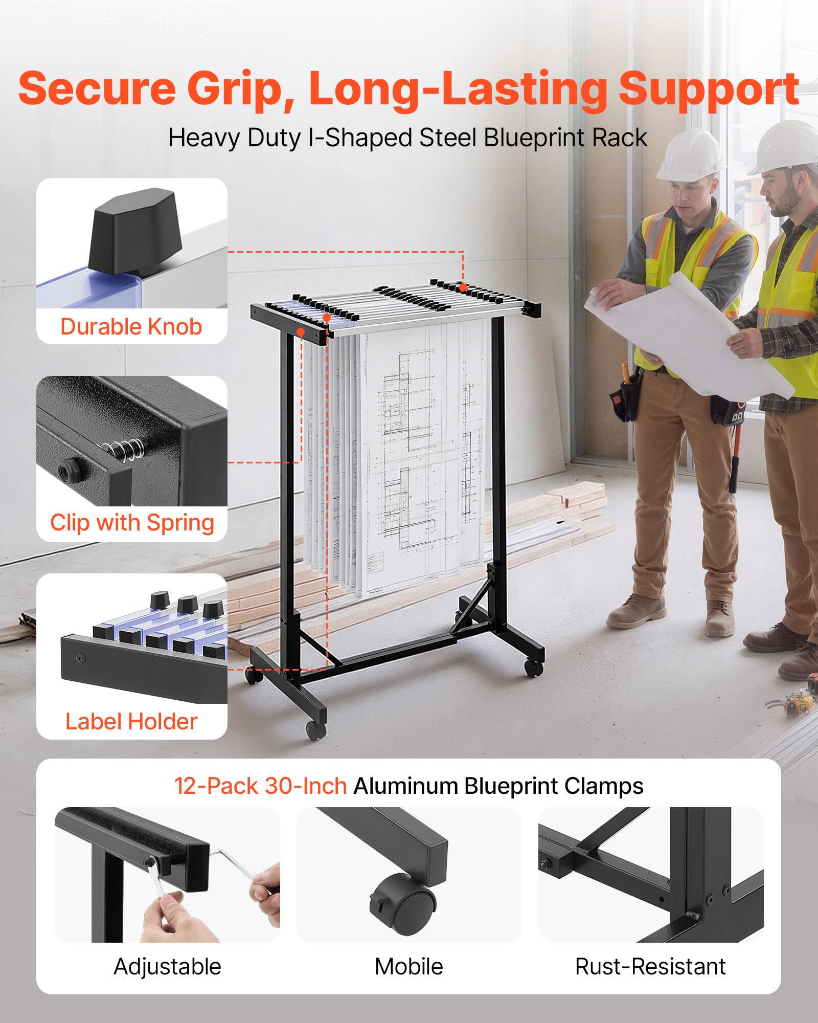 Secure Grip, Long-Lasting Support Heavy Duty I-Shaped Steel Blueprint Rack Durable Knob 0o Clip with Spring Label Holder 12-Pack 30-Inch Aluminum Blueprint Clamps Adjustable Mobile Rust-Resistant