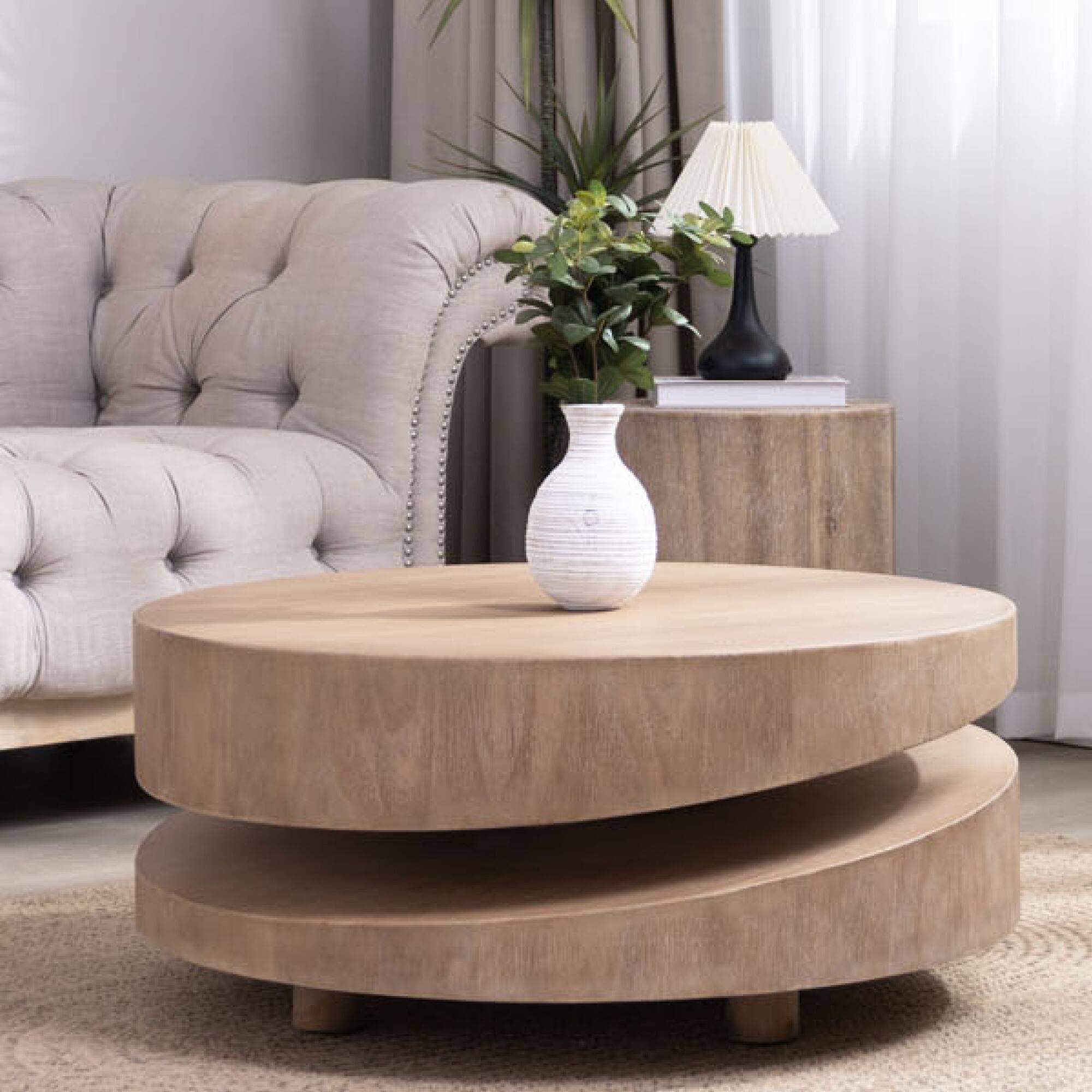 Left. GOODSILO - Contemporary Round Two-Tier Coffee Table with Natural Wood Finish for Modern Living Spaces - Antique Natural+Rustic.