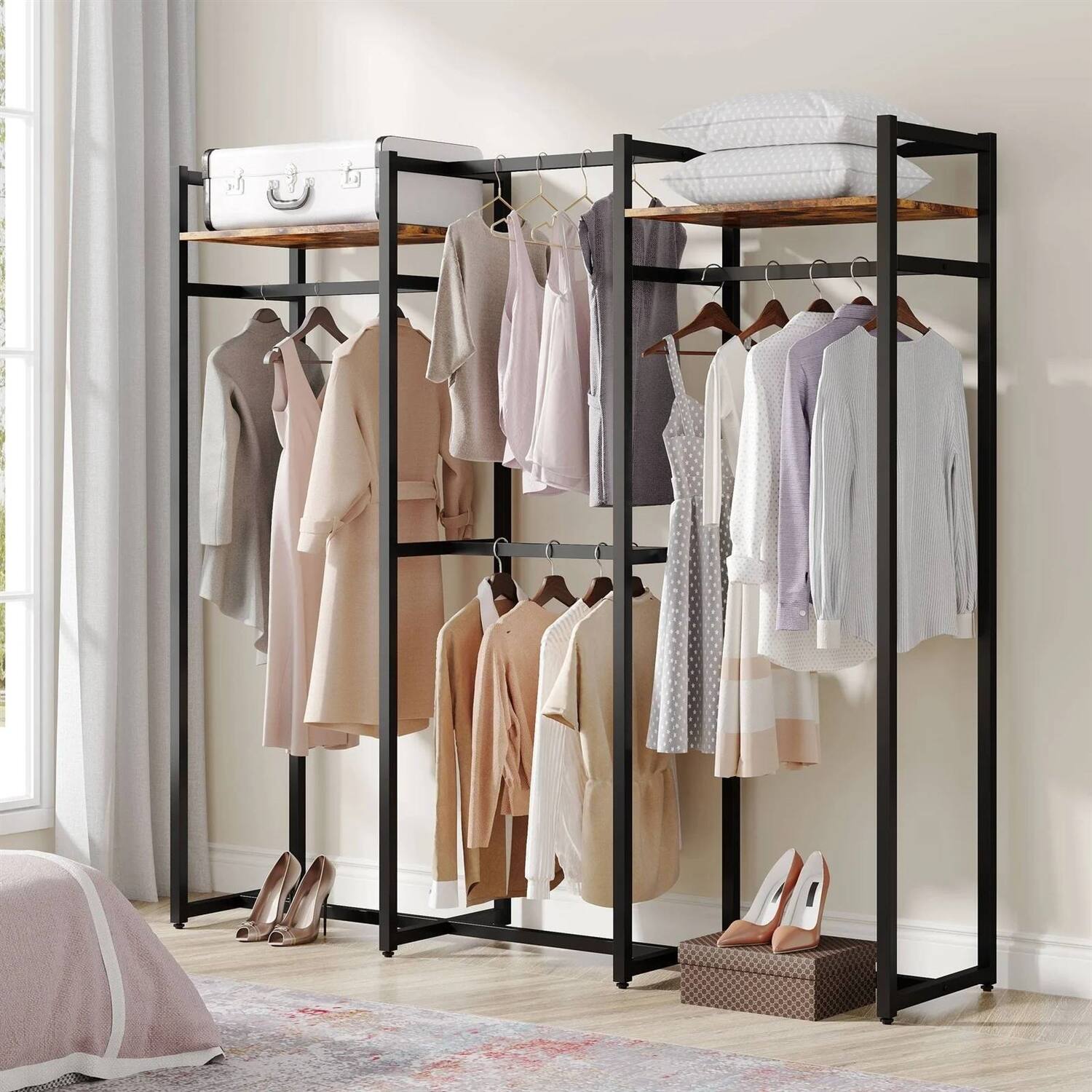 Left. Hivvago - Black Metal Garment Rack with 4 Clothes Hanging Rods and 2 Wood Storage Shelves - Rustic Brown.