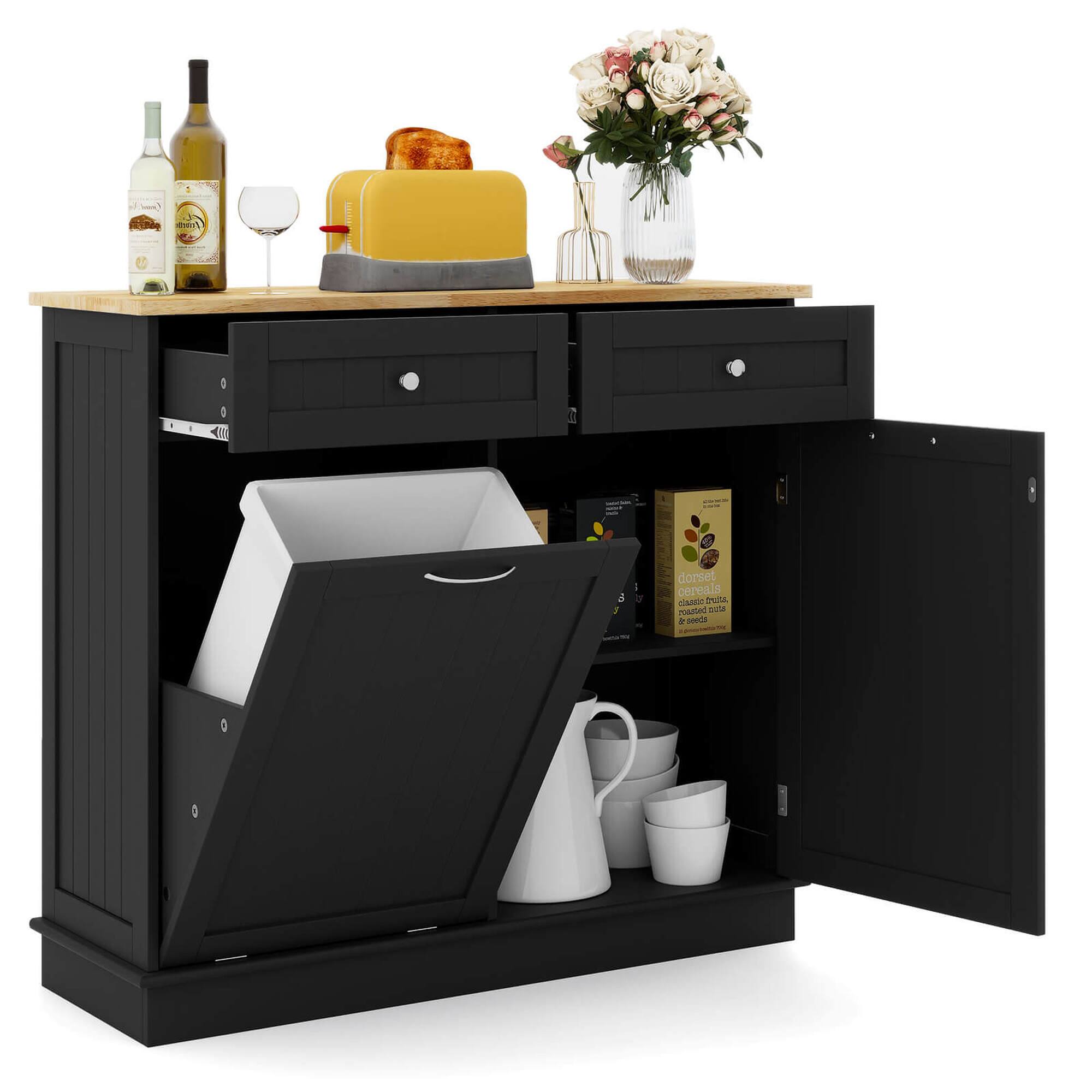 Costway - 15.5 Gallon Kitchen Tilt Out Trash Cabinet Rubber Wood Tabletop 2 Drawers Shelf - Black price history on PriceWatchPro