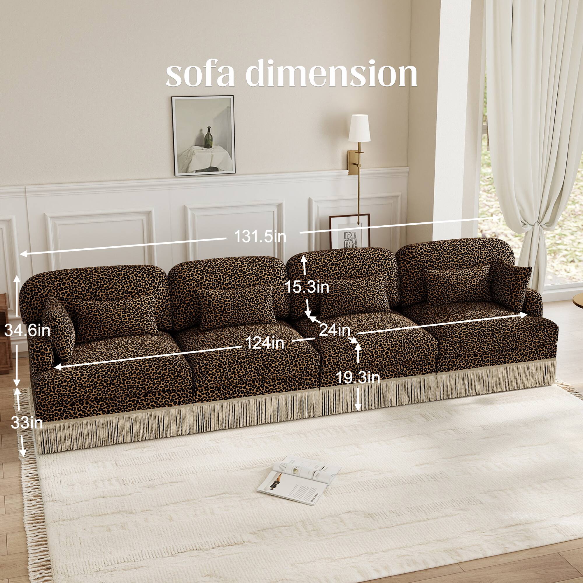 sofa dimension  
131.5in x 15.3in x 34.6in x 124in x 24in x 19.3in x 33in