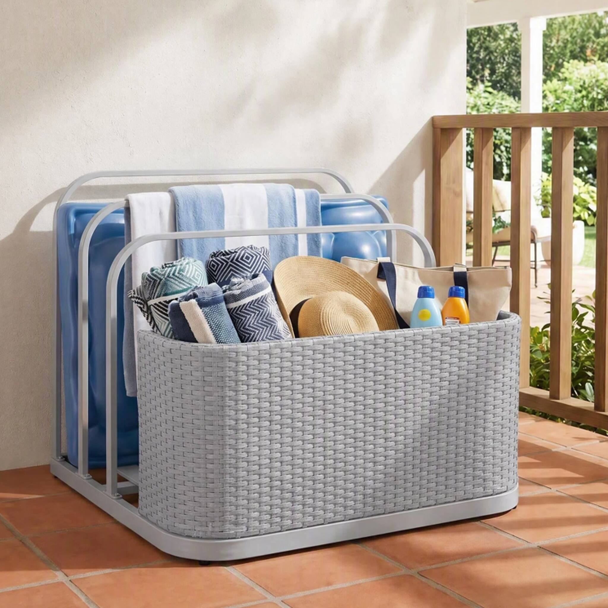 Front. SUNJOY - Sunjoy 35 in Oversized Pool Float Rack, Rust-Proof Aluminum & Wicker Frame, Poolside Organizer for Floaties & Toys, Grey.
