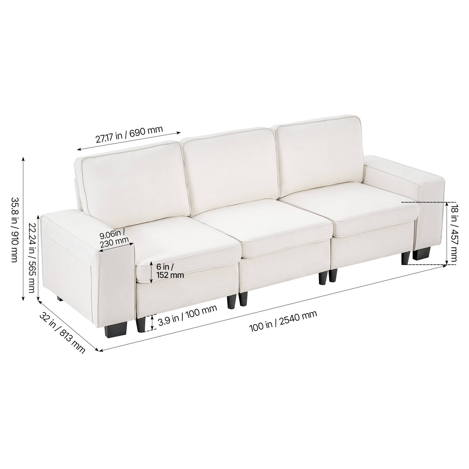 690 mm / 27.17 in  
35.8 in / 910 mm  
22.24 in / 565 mm  
813 mm / 32 in  
230 mm / 6 in  
152 mm / 6 in  
100 mm / 3.9 in  
2540 mm / 100 in  
18 in / 457 mm