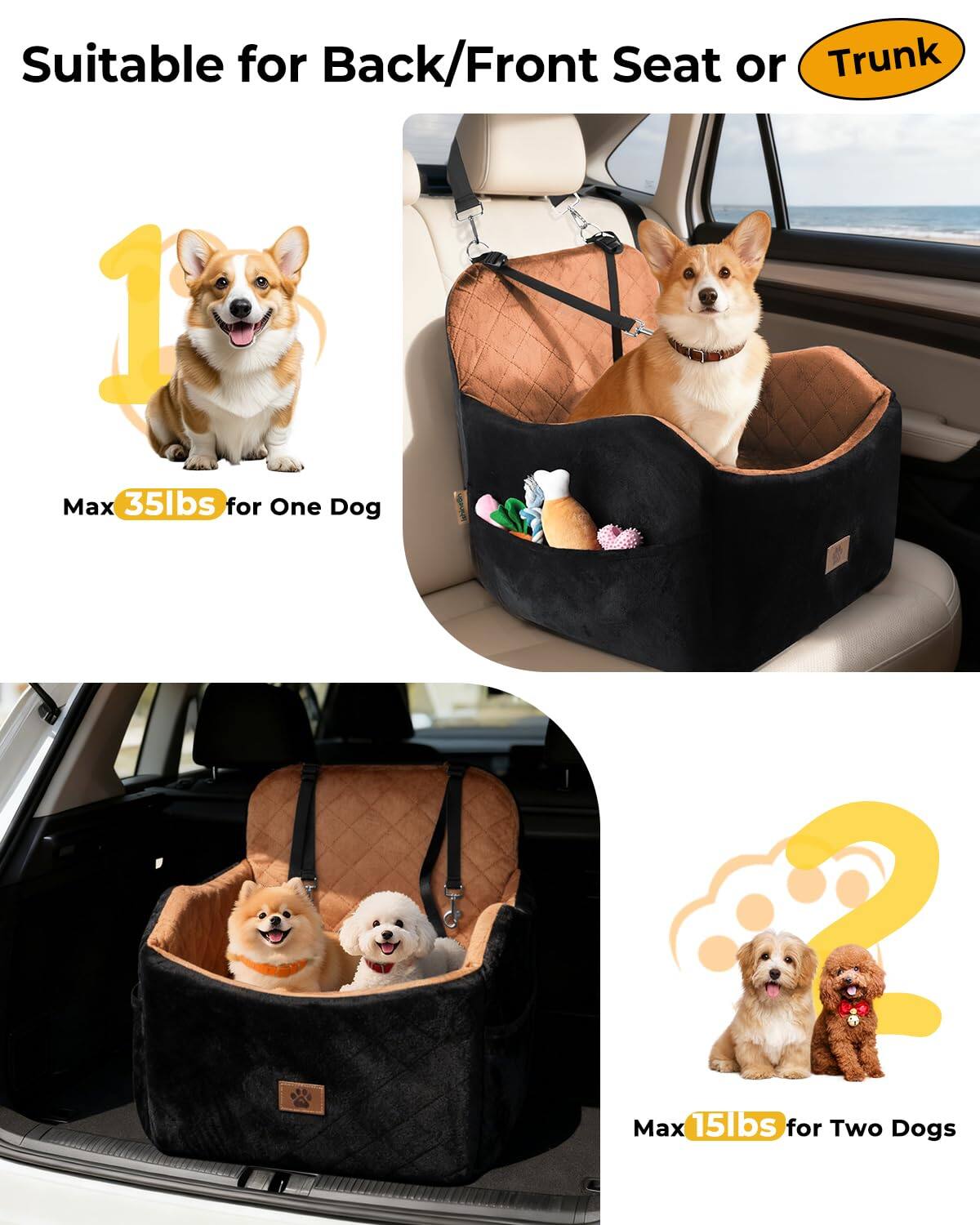 Suitable for Back/Front Seat or Trunk

1. Max 35lbs for One Dog

2. Max 15lbs for Two Dogs