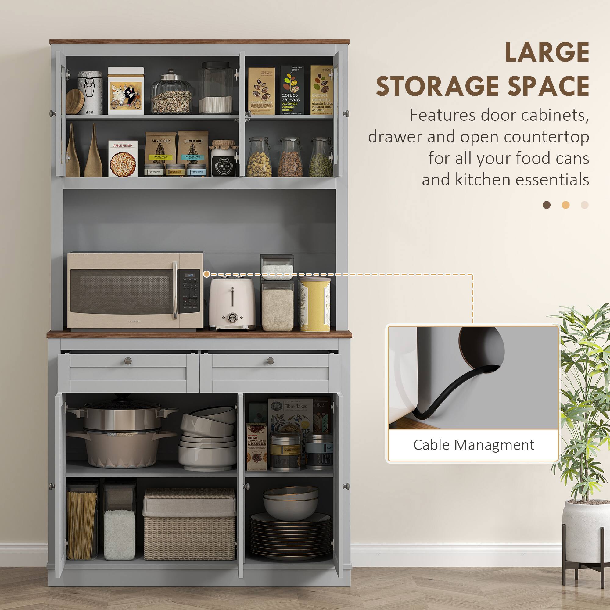 LARGE STORAGE SPACE
Features door cabinets, drawer and open countertop for all your food cans and kitchen essentials
Cable Management