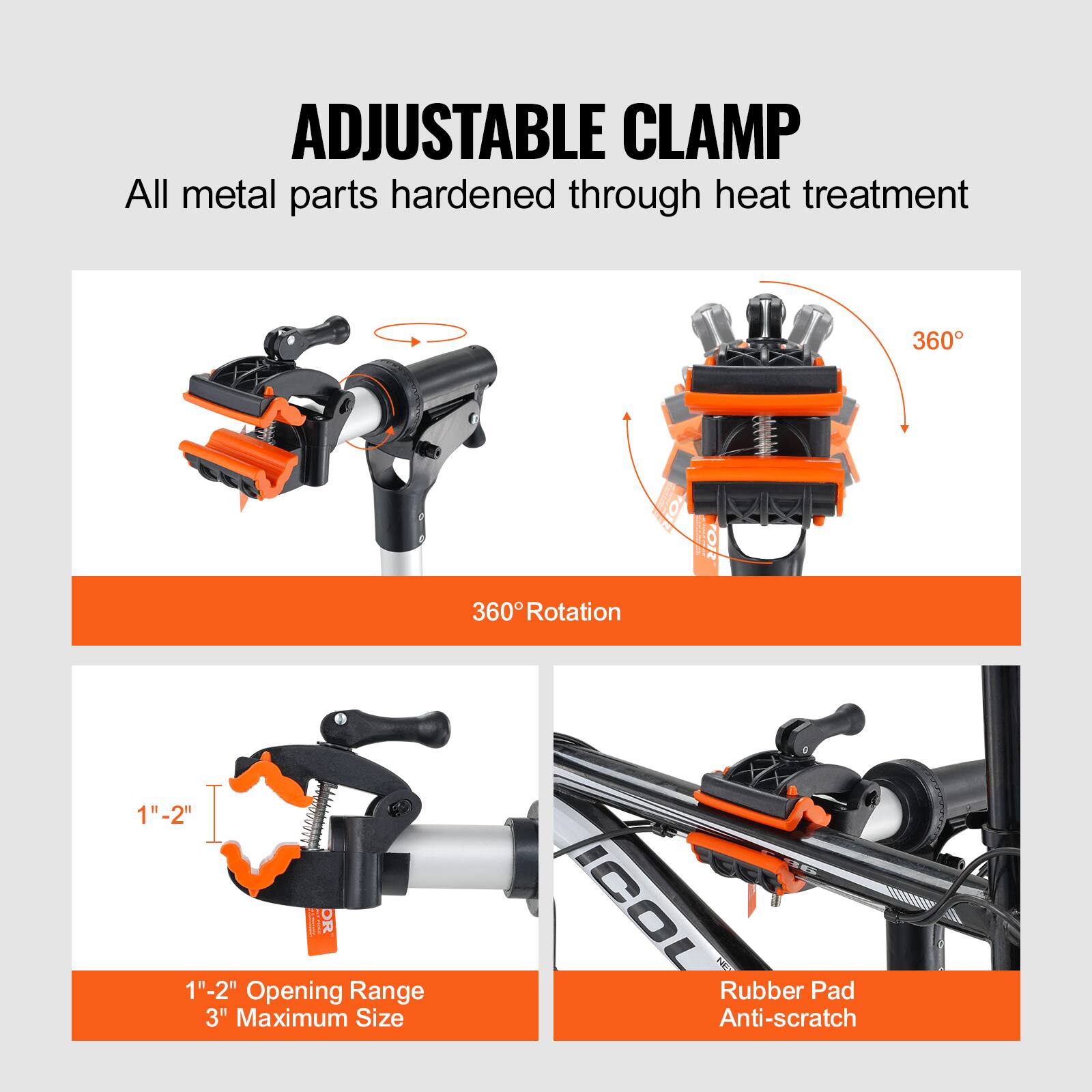 ADJUSTABLE CLAMP  
All metal parts hardened through heat treatment  

360° Rotation  

1" - 2" Opening Range  
3" Maximum Size  

Rubber Pad  
Anti-scratch