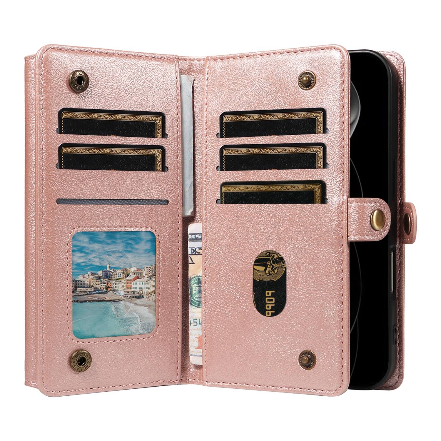 Alt View 1. UUCOVER - Zipper Wallet Case for Apple iPhone 17 Pro Max with RFID Card Slots, Cash Pockets, Shoulder Strap, Magnetic Flip Stand - Rosegold.
