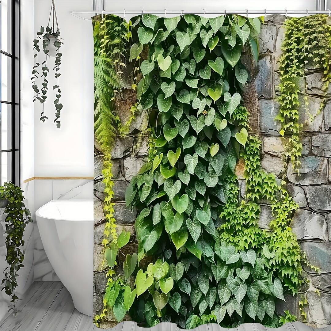 Front. blue - 1pc Refreshing Spring Scenery Bath Curtain - Lush Green Foliage & Stone Design, Easy-Care Polyester - greener200*180cm.