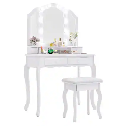 Front. Costway - Costway Makeup Vanity Set with Tri-Fold Mirror & LED Lights 4 Drawers Open Shelf - White.