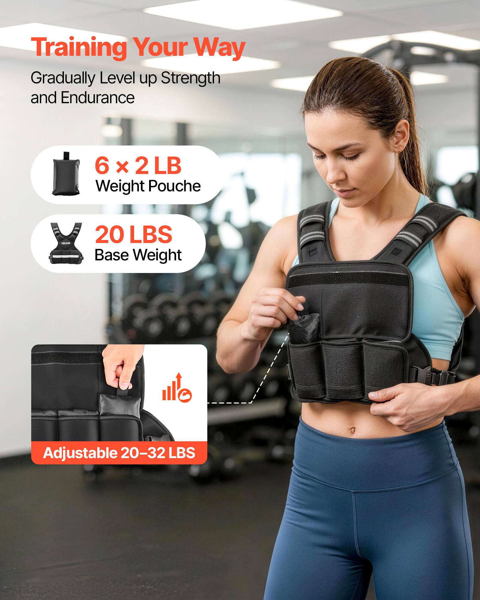 Training Your Way  
Gradually Level up Strength and Endurance  

6 x 2 LB Weight Pouches  
20 LBS Base Weight  
Adjustable 20-32 LBS