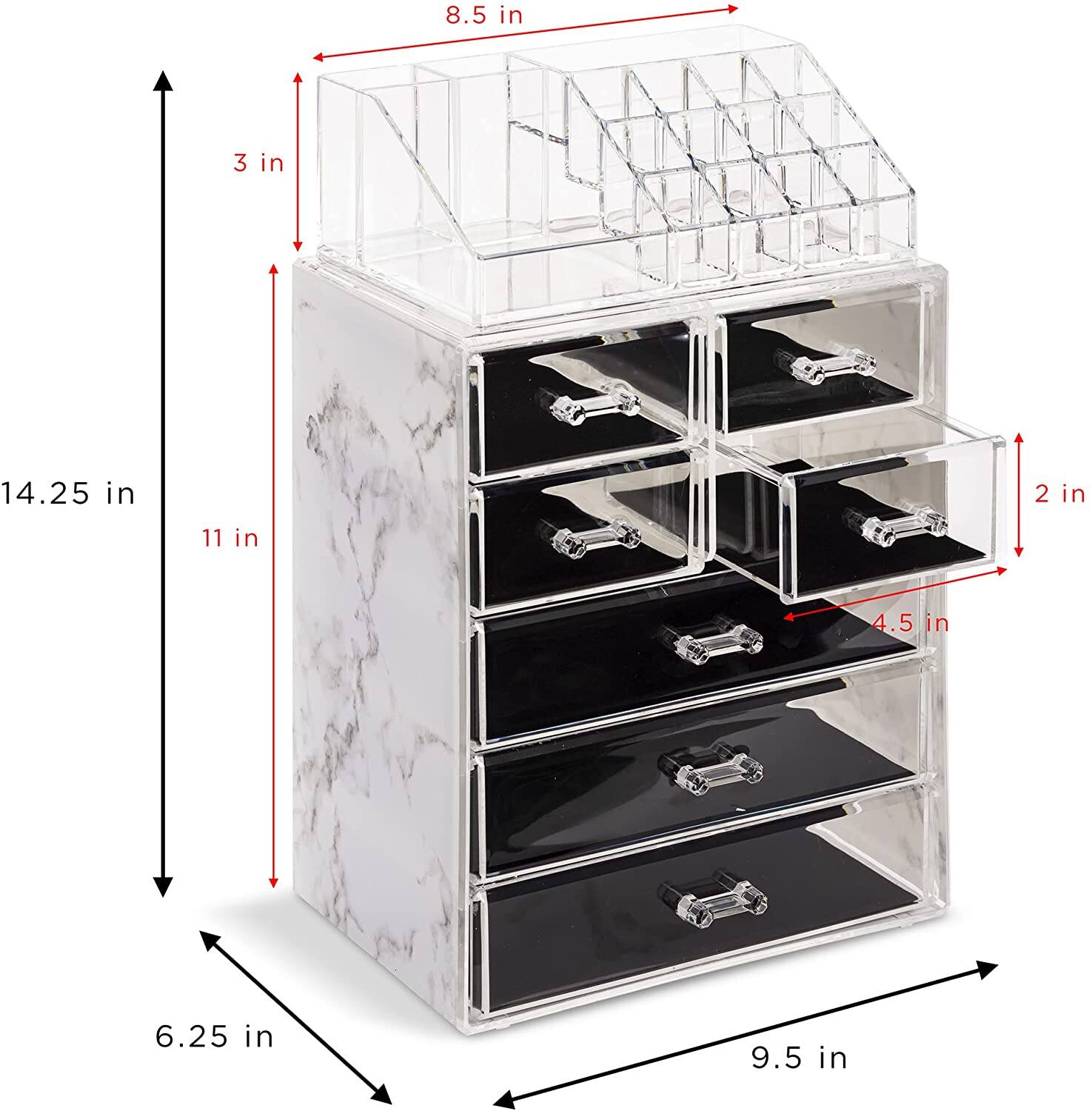 - Height: 14.25 in
- Width: 9.5 in
- Depth: 6.25 in
- Top shelf width: 8.5 in
- Drawer width: 4.5 in
- Drawer height: 2 in
- Drawer depth: 11 in
- Side width: 3 in