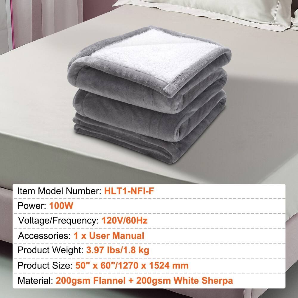 Item Model Number: HLT1-NFI-F  
Power: 100W  
Voltage/Frequency: 120V/60Hz  
Accessories: 1 X User Manual  
Product Weight: 3.97 lbs/1.8 kg  
Product Size: 50" X 60"/1270 X 1524 mm  
Material: 200gsm Flannel + 200gsm White Sherpa