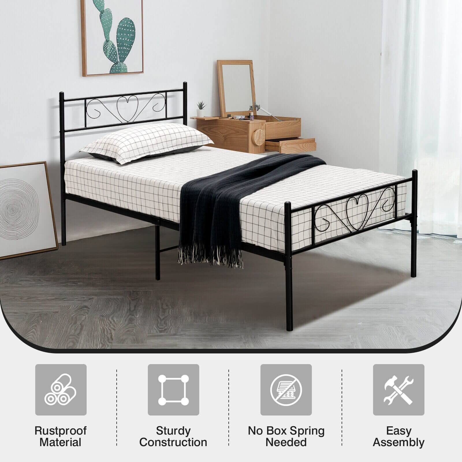 Rustproof Material, Sturdy Construction, No Box Spring Needed, Easy Assembly
