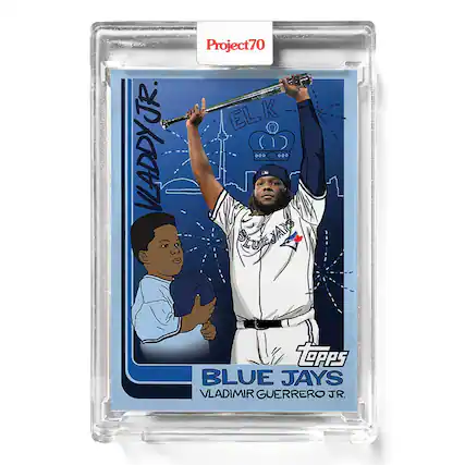 Sure, here is the corrected and grouped text from the image:
---
**Project70**
**VLADY JR.**
**ELK**
**BLUE JAYS**
**VLADIMIR GUERRERO JR.**
**Topps**
---
**BLUE JAYS**
**VLADIMIR GUERRERO JR.**