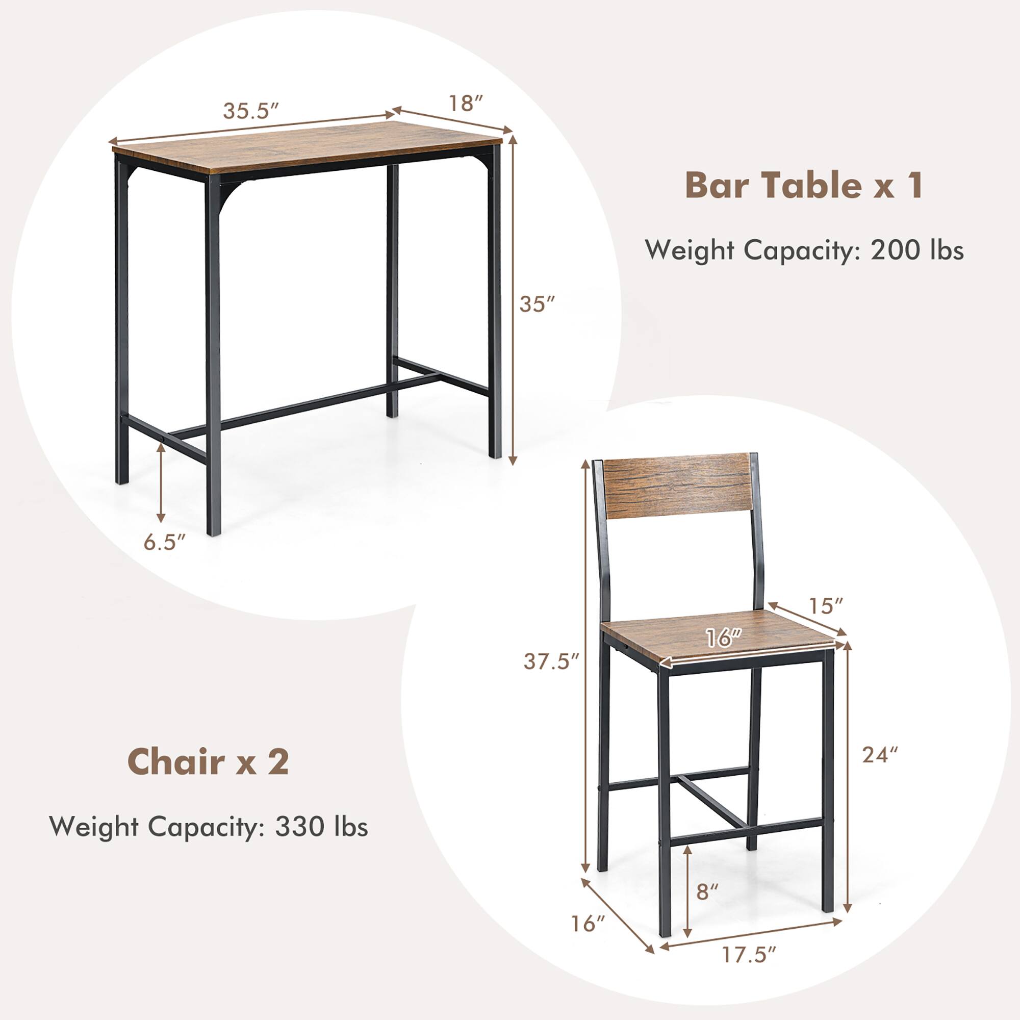 The text on the image has been grouped and corrected as follows:

1. Bar Table x 1:
- Weight Capacity: 200 lbs
- Size: 35.5" x 18"
2. Chair x 2:
- Weight Capacity: 330 lbs
- Size: 24" x 16" x 8"
- Size: 17.5" x 16" x 16"