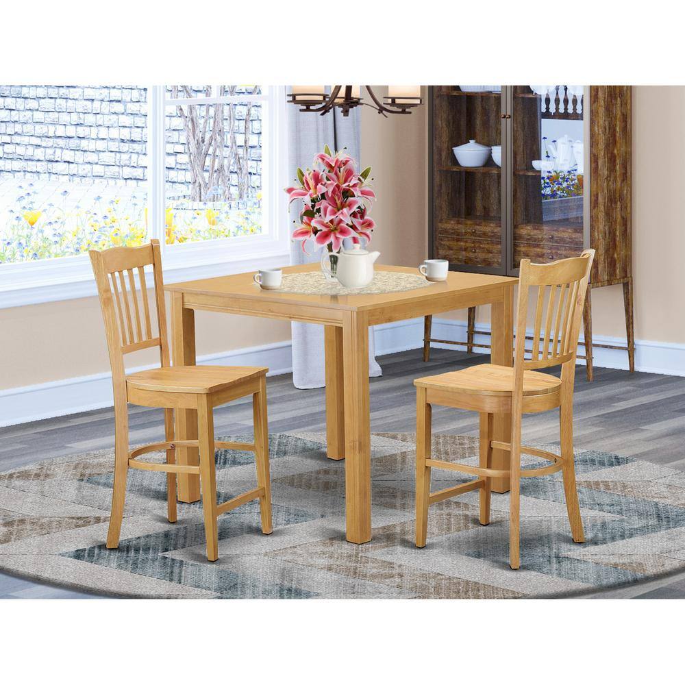 Back. East West Furniture - 3 Pc counter height Dining room set- Table and 2 high Dining Chairs. - Oak.