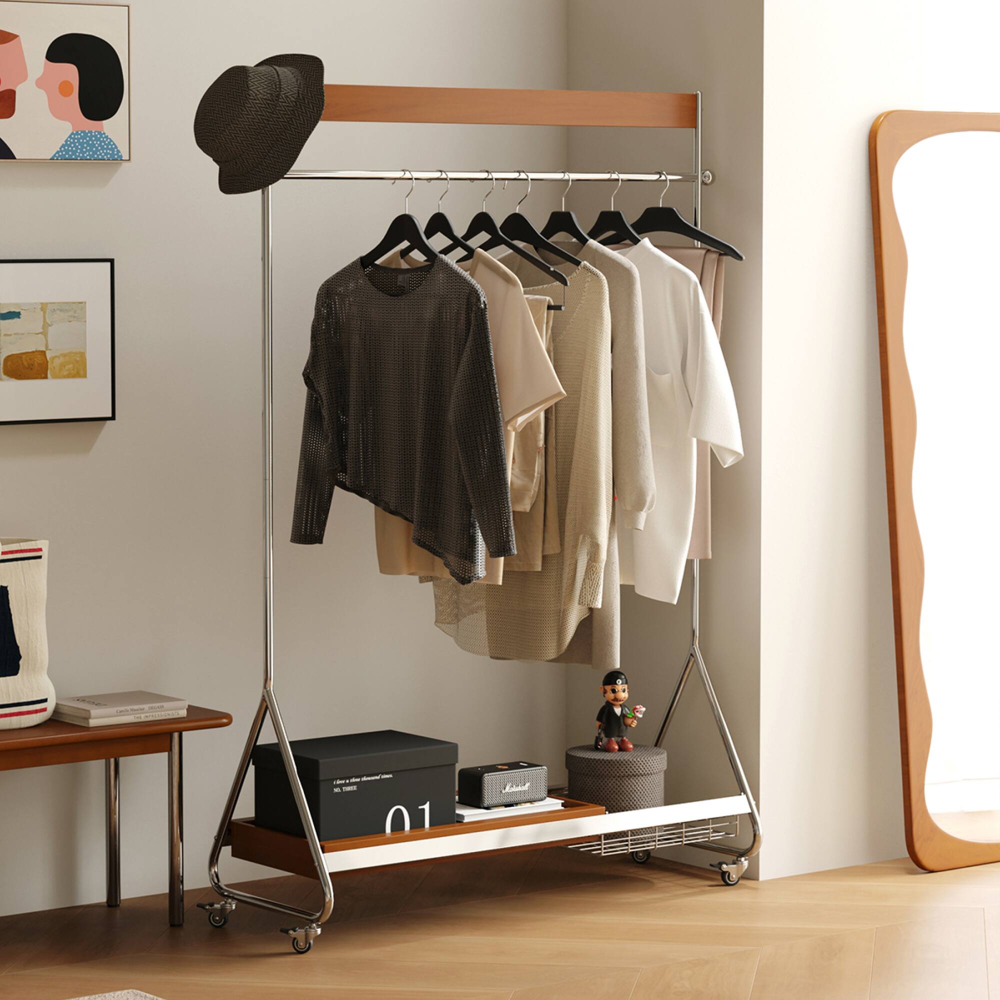 Alt View 8. GOODSILO - Antique Style Portable Clothes and Hat Rack with Storage Shelf for Bedroom Floor Organization - Amber.