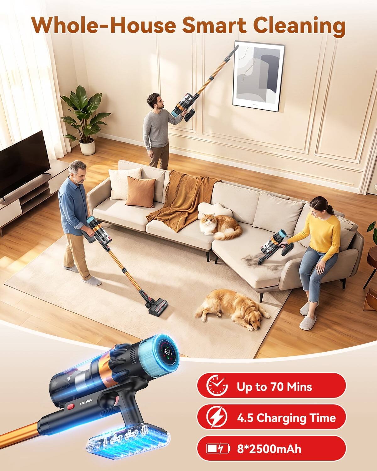 Whole-House Smart Cleaning

188+ TECHRISE

Up to 70 Mins
4.5 Charging Time
8*2500mAh