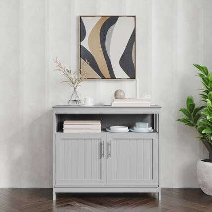 Front. Emma + Oliver - Shereen 40 Inch Buffet and Sideboard with Open Storage Shelf and Double Door Storage Cabinet - Gray.