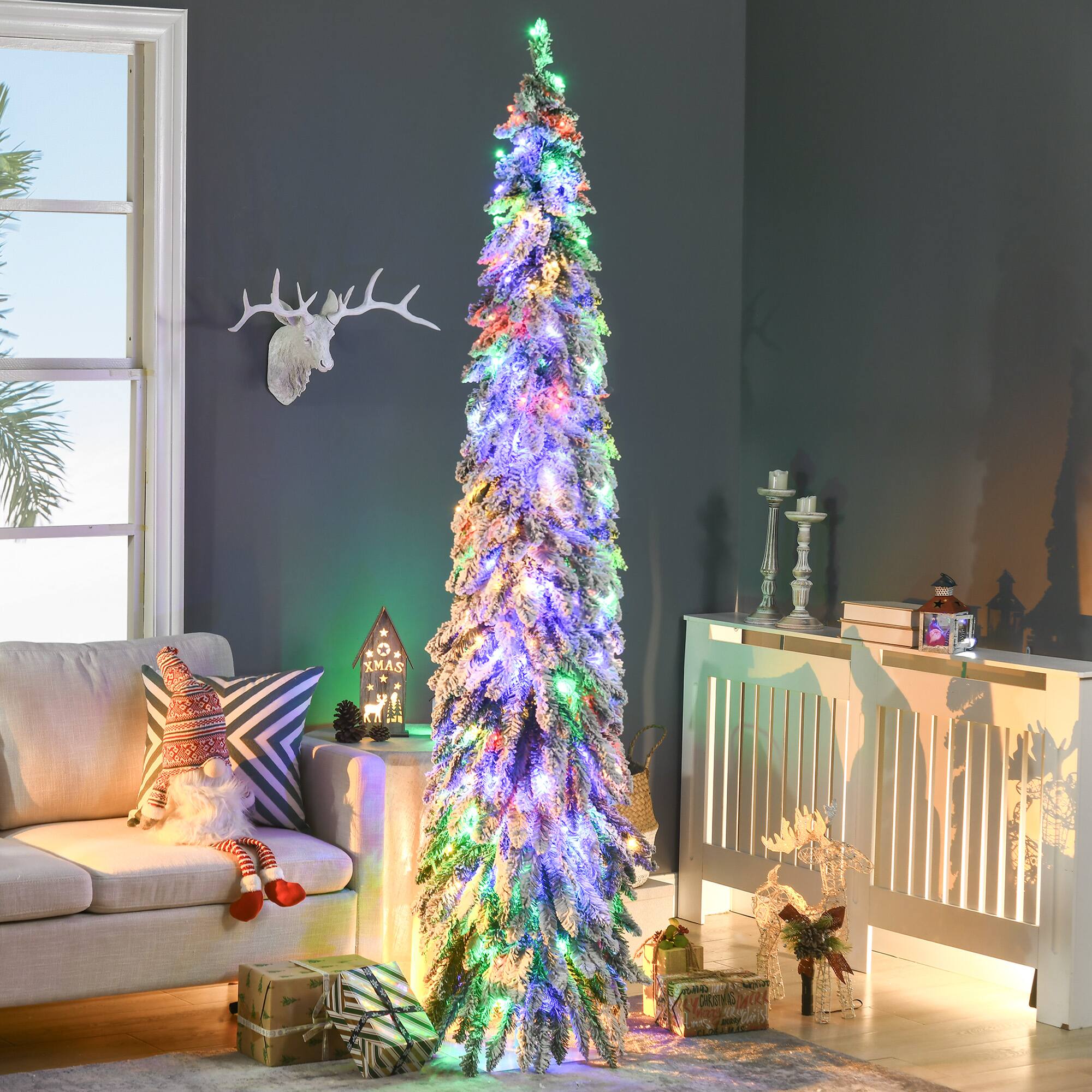 Alt View 1. Homcom - Prelit Pencil Snow Flocked Artificial Christmas Tree, 534 Branches 350 LEDs - Green.