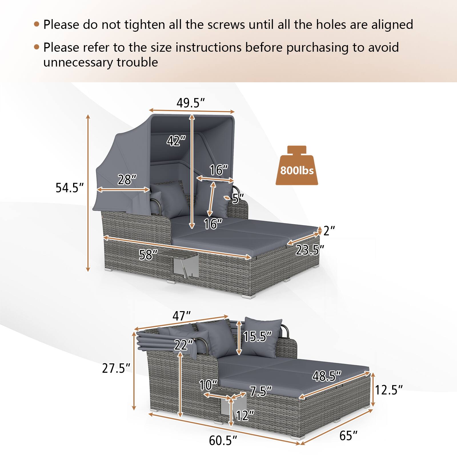 Please do not tighten all the screws until all the holes are aligned. Please refer to the size instructions before purchasing to avoid unnecessary trouble.

- 49.5"
- 42"
- 54.5"
- 28"
- 16"
- 5"
- 800lbs
- 58"
- 16"
- 2"
- 23.5"
- 47"
- 22"
- 15.5"
- 27.5"
- 10"
- 7.5"
- 48.5"
- 12.5"
- 12"
- 60.5"
- 65"