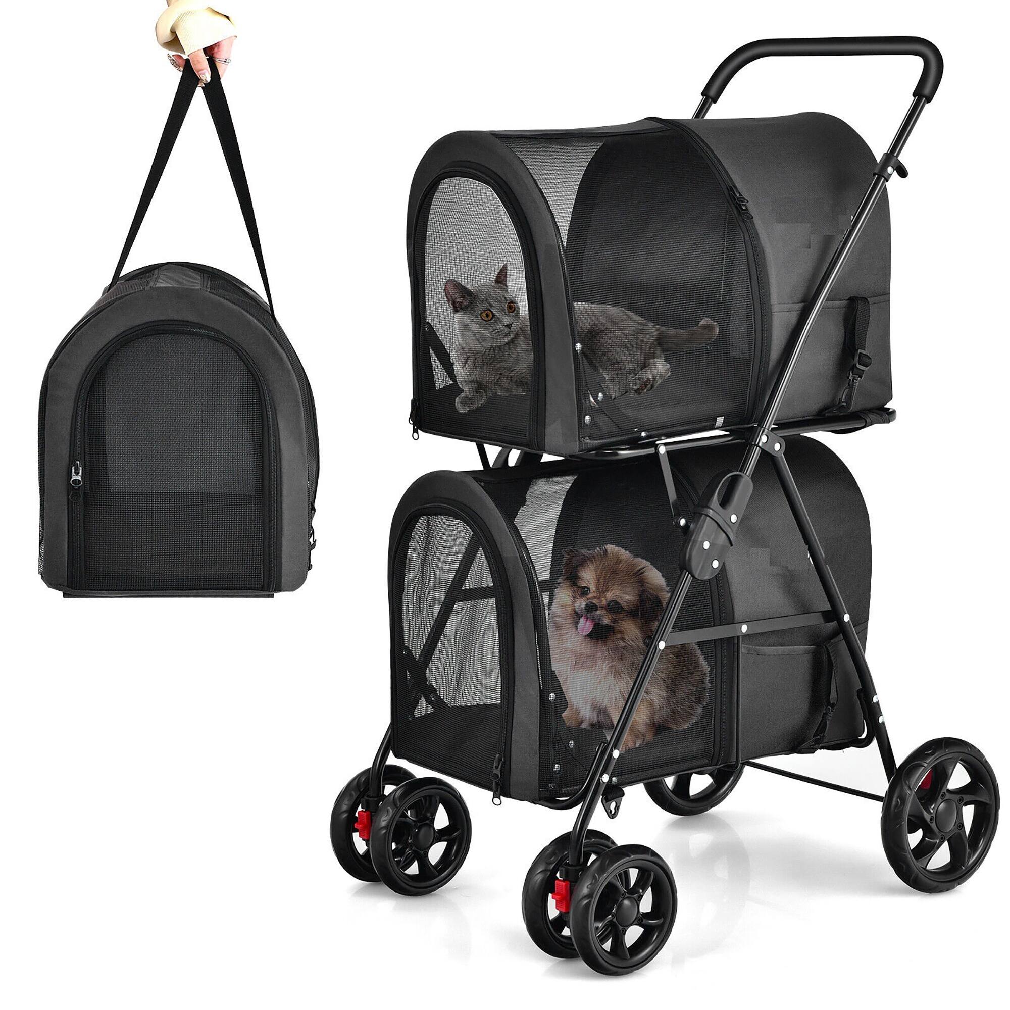 Gymax - 4-in-1 Double Pet Stroller w/ Detachable Carrier Travel Carriage for Cats Black