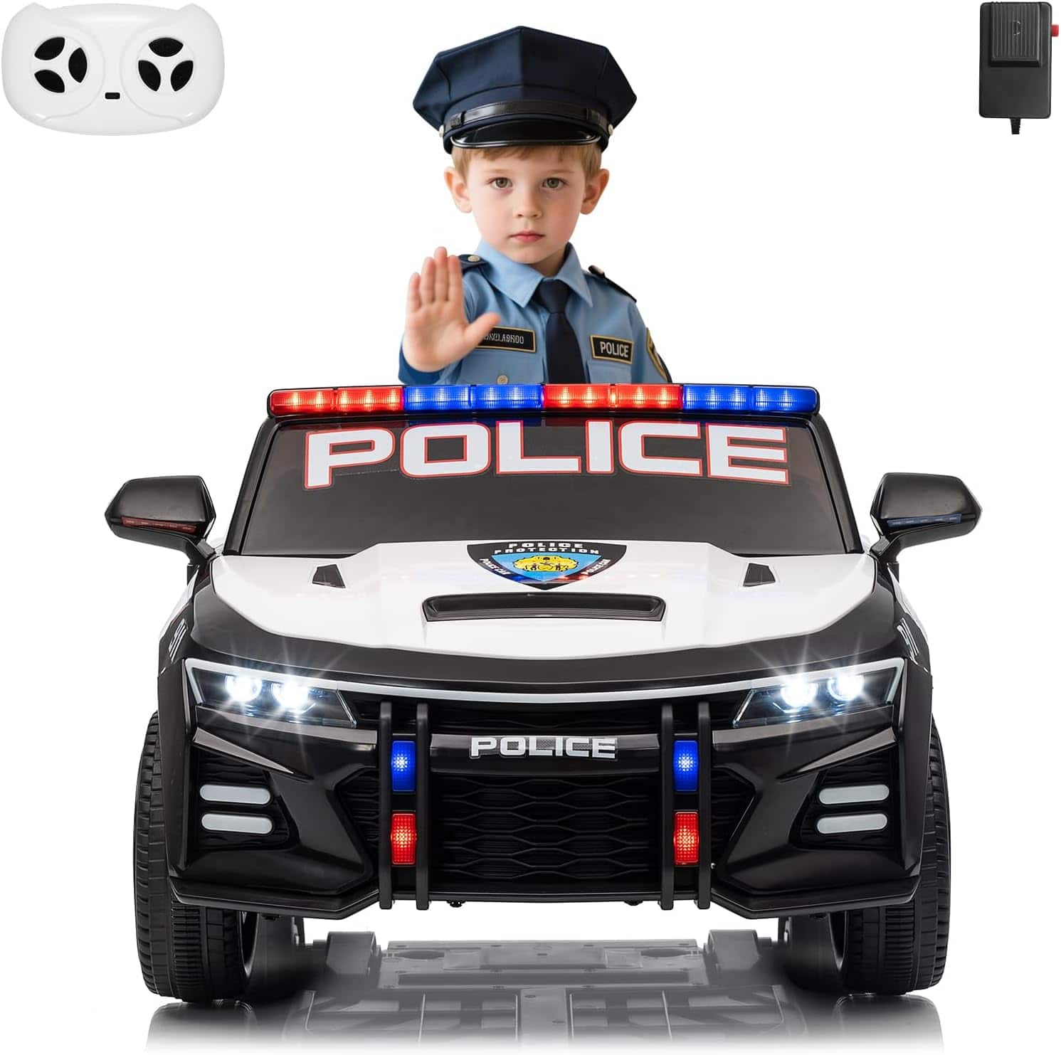 Homhougo - 12V Kids Police Ride On Car, Remote Control, Siren Sounds, LED Lights