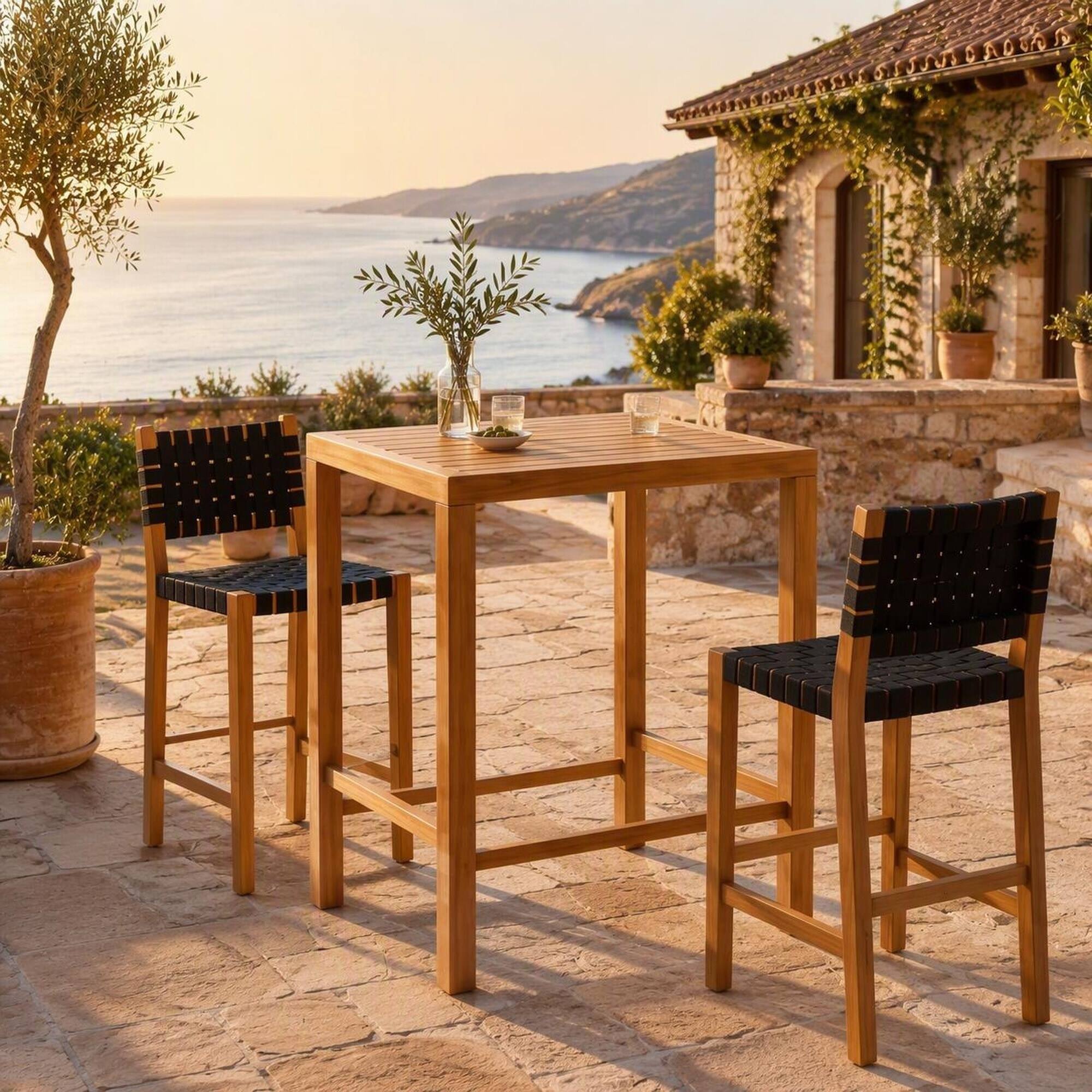 Back. RYHNUYNE - Wood Outdoor Dining Table,Slatted Water-Draining Tabletop for Patios & Gardens - Teak.