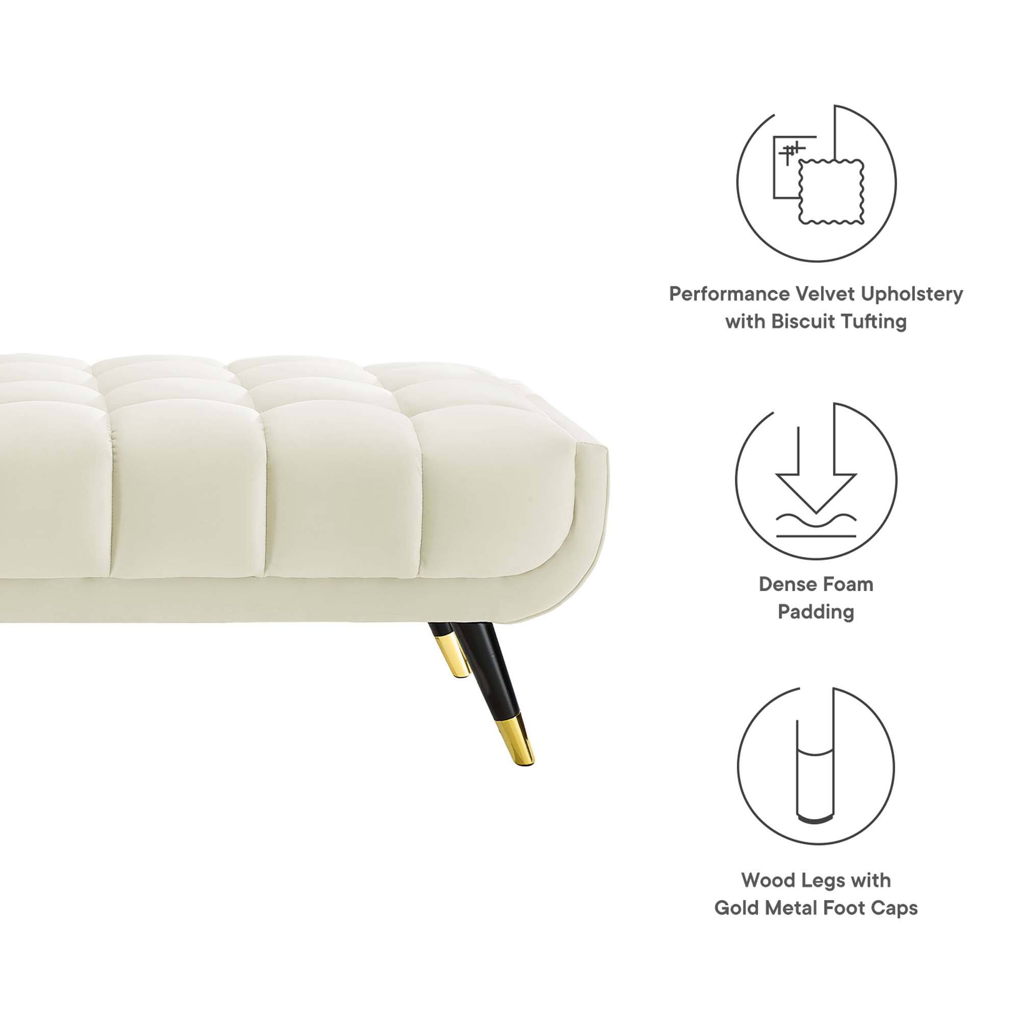 Performance Velvet Upholstery with Biscuit Tufting  
Dense Foam Padding  
Wood Legs with Gold Metal Foot Caps