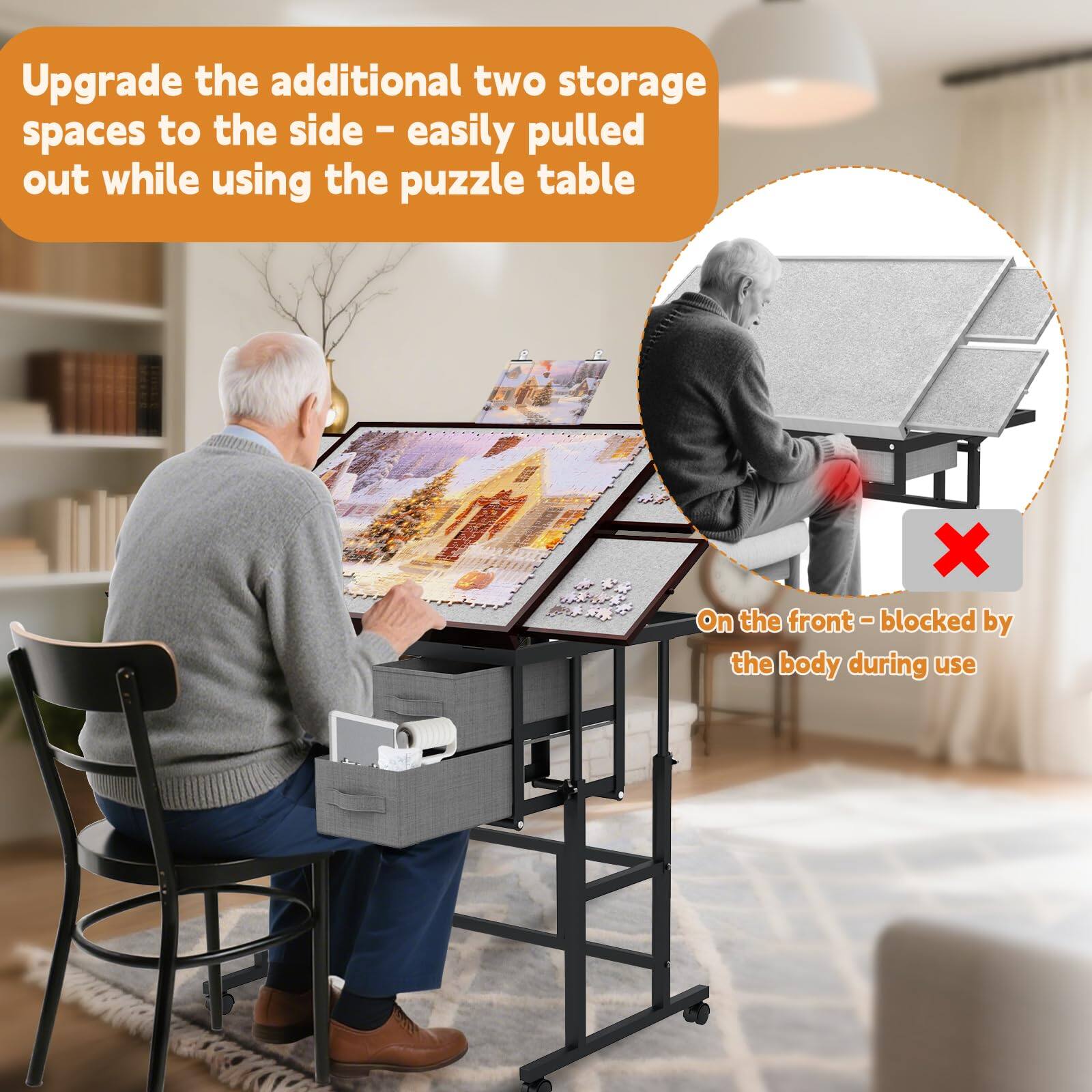 Upgrade the additional two storage spaces to the side – easily pulled out while using the puzzle table

On the front – blocked by the body during use
