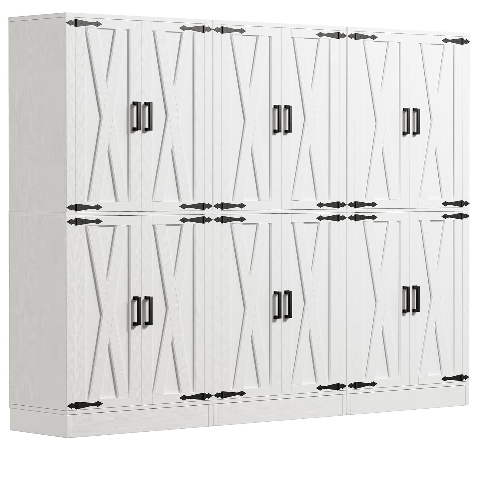 Angle. Aheaplus - 71'' Tall 4 Door Farmhouse Pantry Cabinet with Drawer and Adjustable Shelves, 70.8'' Width Food Cupboard, 3 Packs - White.