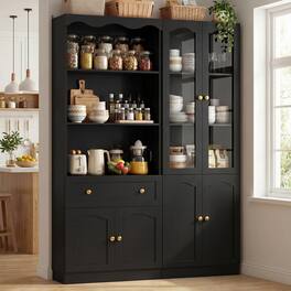 Aheaplus - 80'' Tall Pantry Cabinet Set of 2, with Drawer, Doors, and Adjustable Shelves - Black