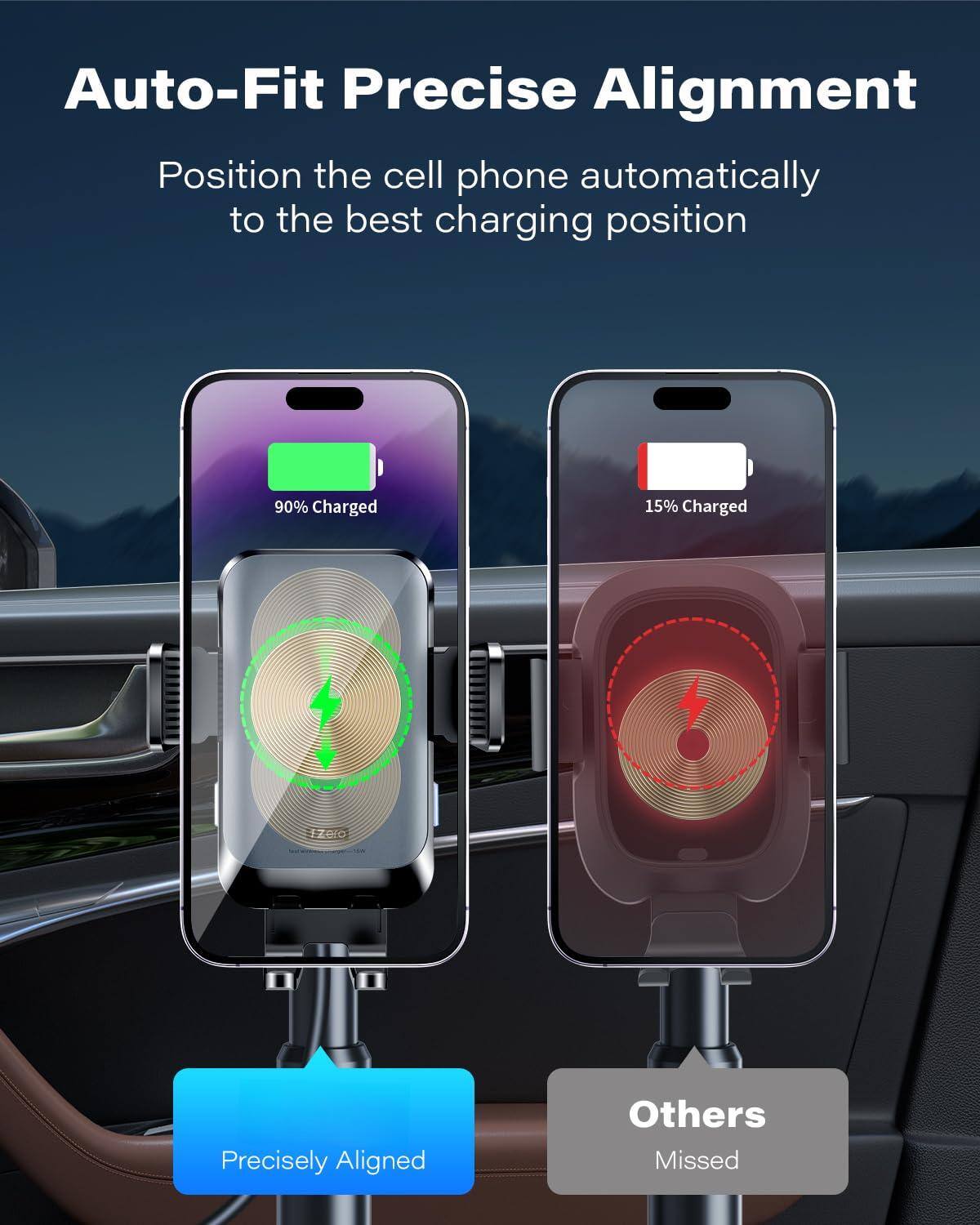 Auto-Fit Precise Alignment

Position the cell phone automatically to the best charging position

90% Charged

15% Charged

Precisely Aligned

Others Missed