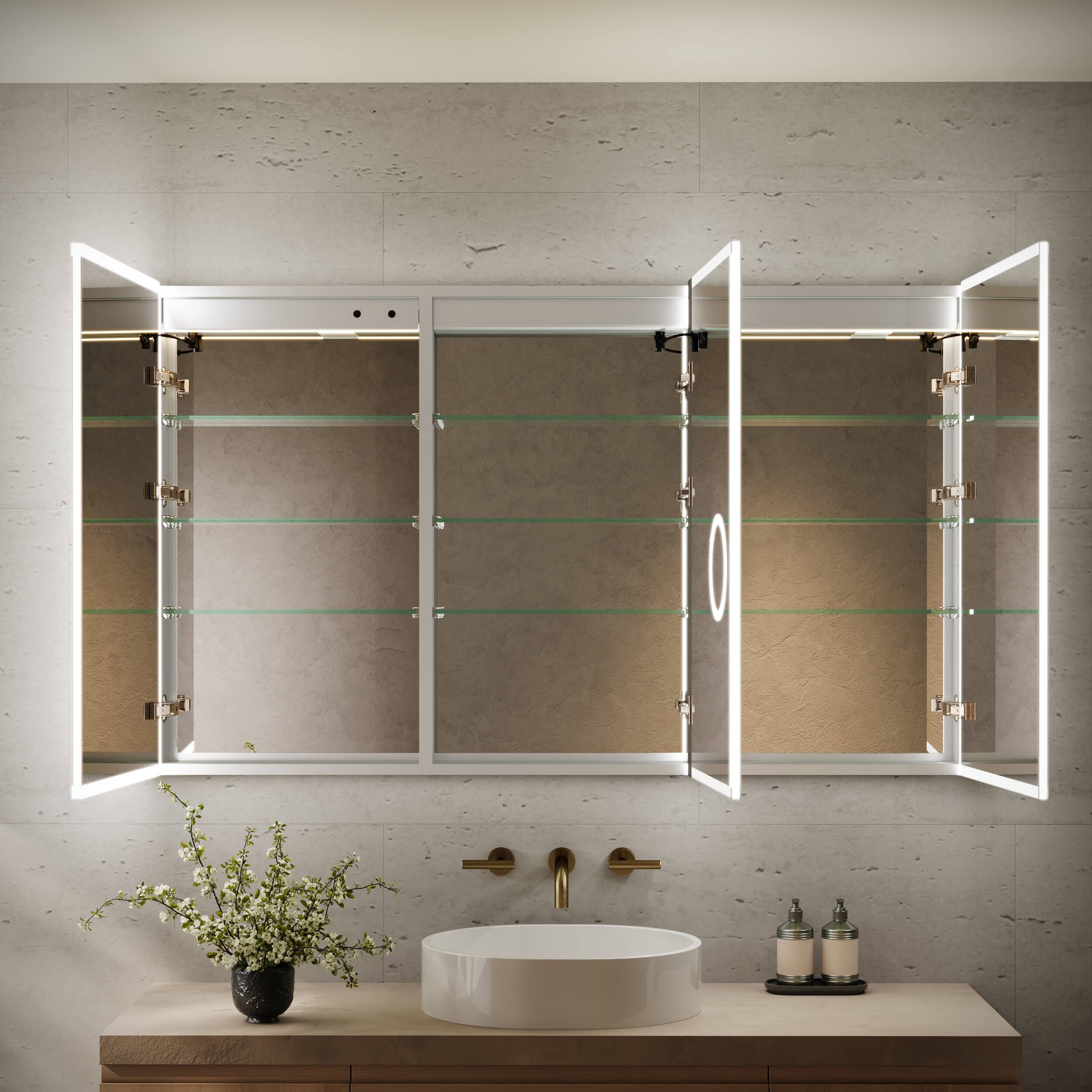 Back. WELLFOR - 60 in. W x 36 in. H Rectangular Aluminum LED Medicine Cabinet with Mirror, 3X Magnify, Soft Close, Electrical Outlet - Silver.